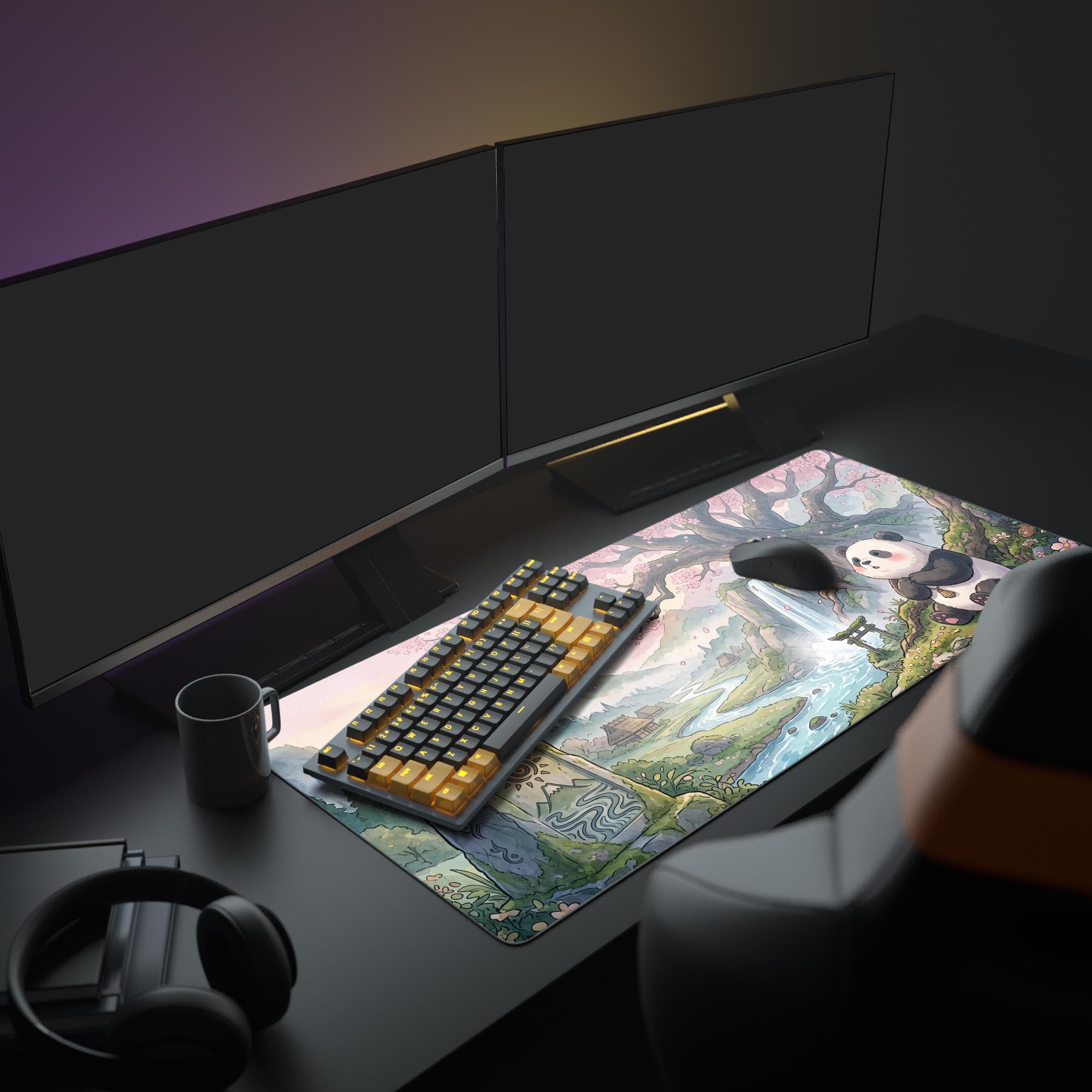 Watercolor landscape mouse pad with torii gate and rushing waterfall
