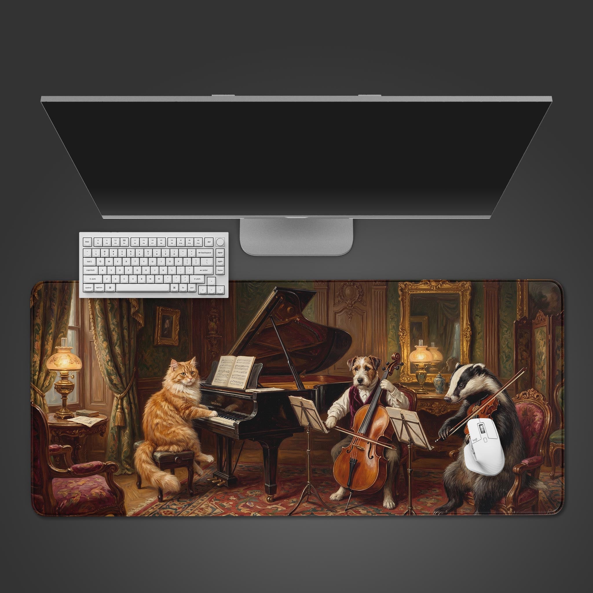 Top-down view of the Parlor Concerto gaming desk mat featuring animal musicians, shown with a white keyboard and mouse on a dark gray surface. - Epic Design Pads & Mousepads