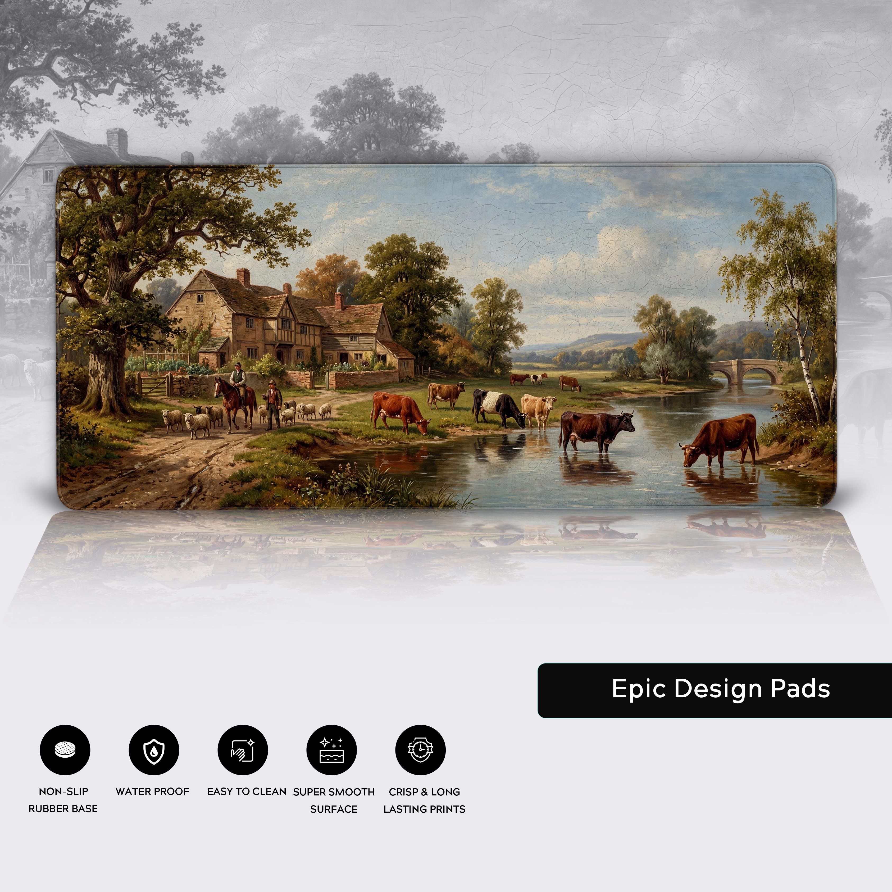 Vintage rustic village landscape mouse pad in a stylish workspace setup