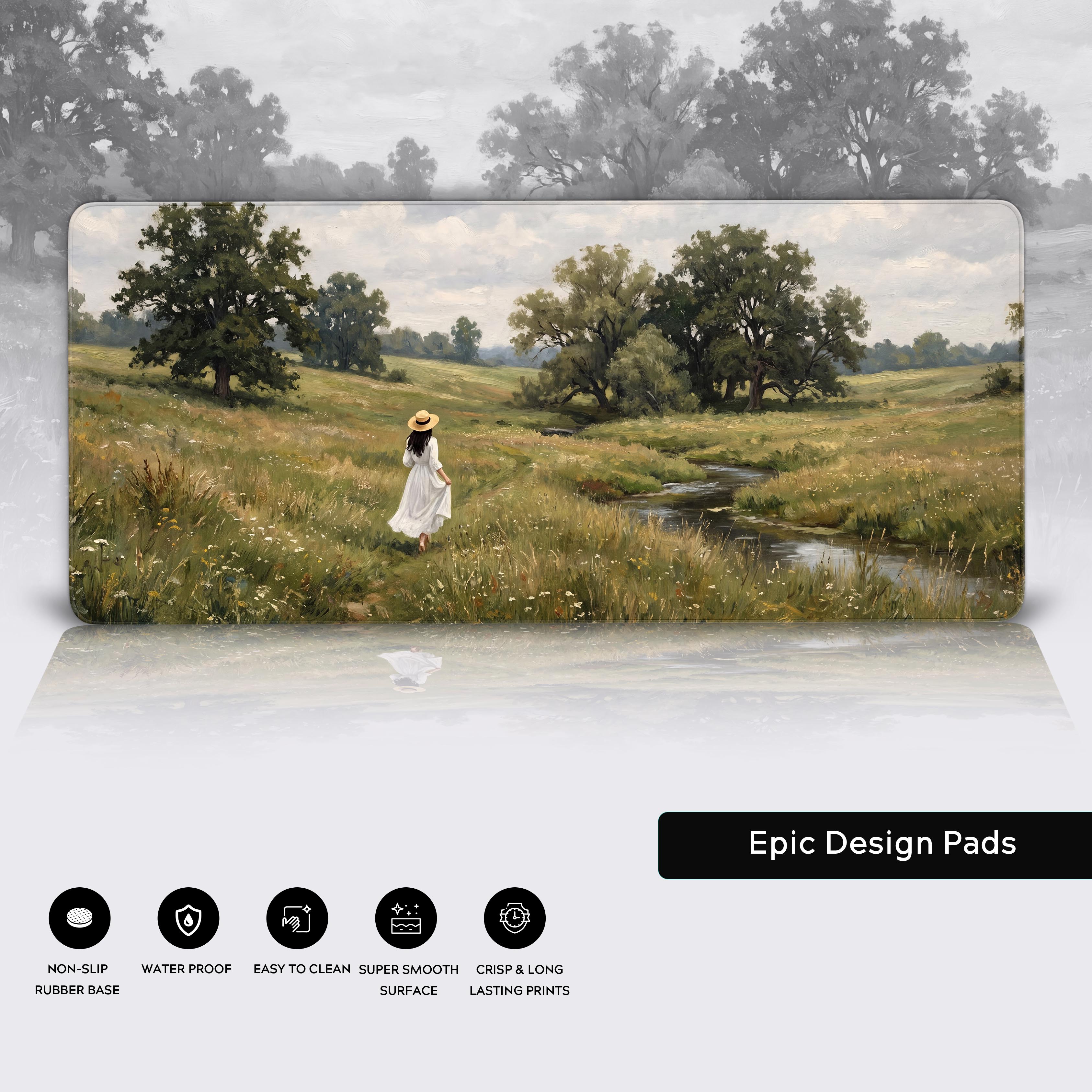 Product presentation of the pastoral meadow desk mat with feature icons displayed at the bottom.