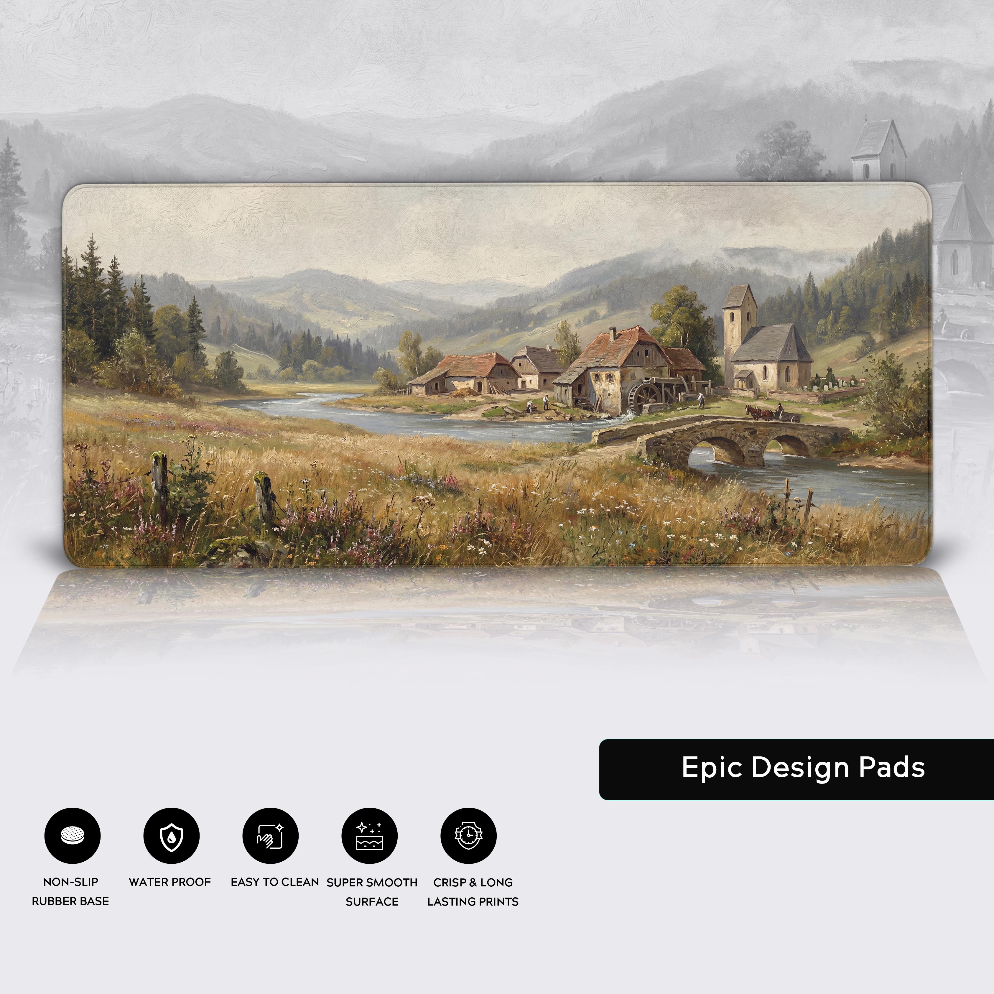 Features of the pastoral landscape desk mat including non-slip base, waterproof surface, and stitched edges.