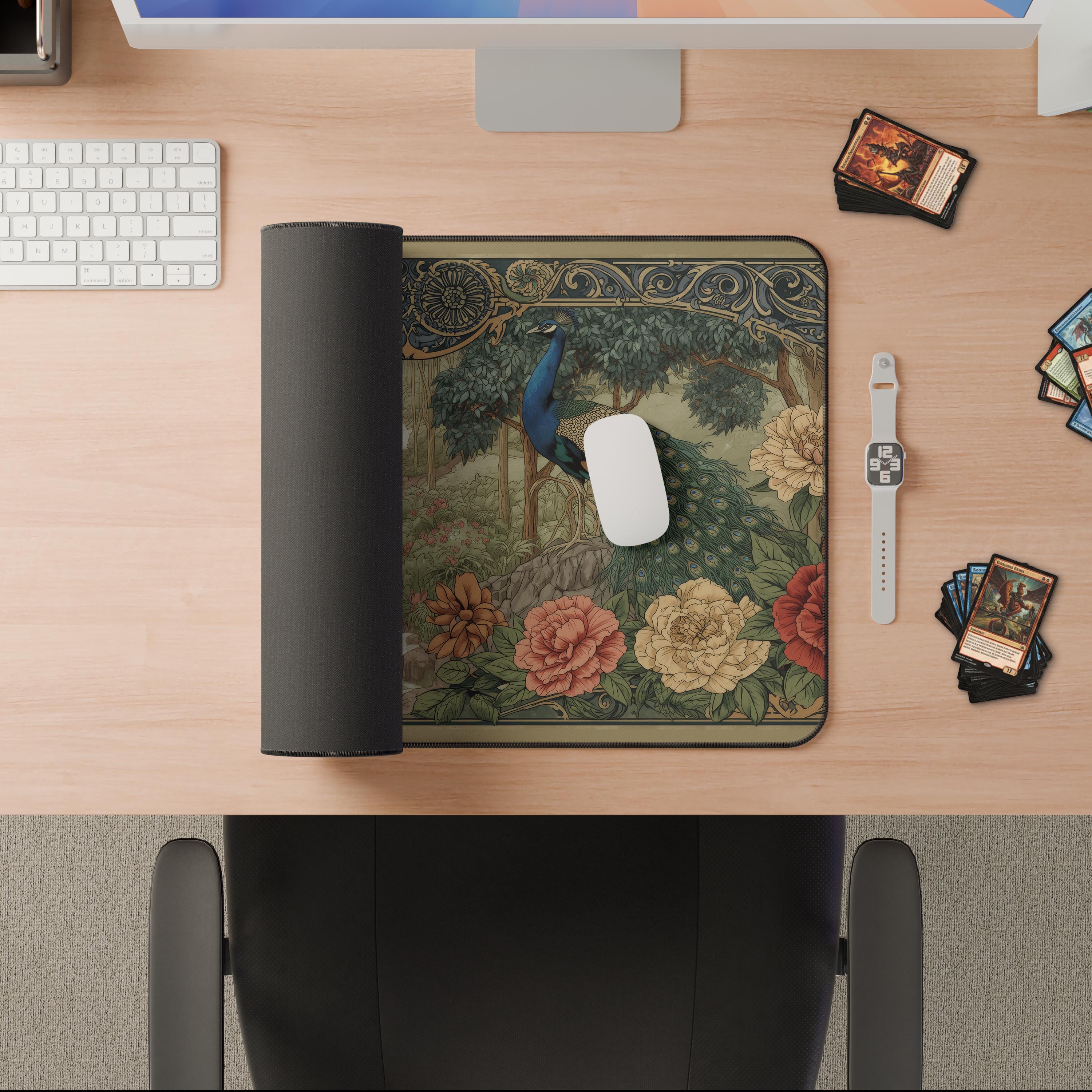 Art Nouveau TCG playmat featuring two vibrant peacocks in a lush floral garden with ornate border design - Epic Design Pads & Mousepads