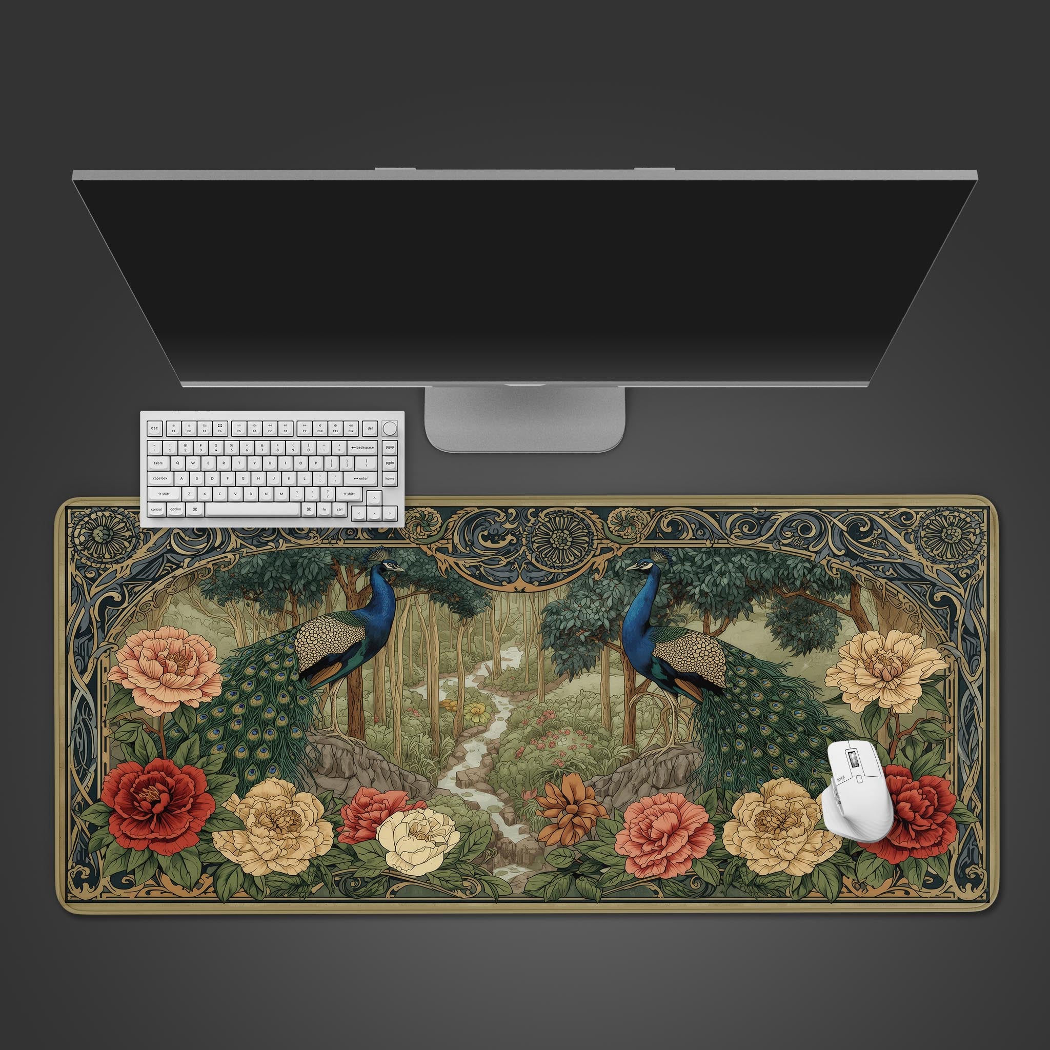 Art Nouveau gaming desk mat featuring two peacocks in a lush floral garden with ornate border design - Epic Design Pads & Mousepads
