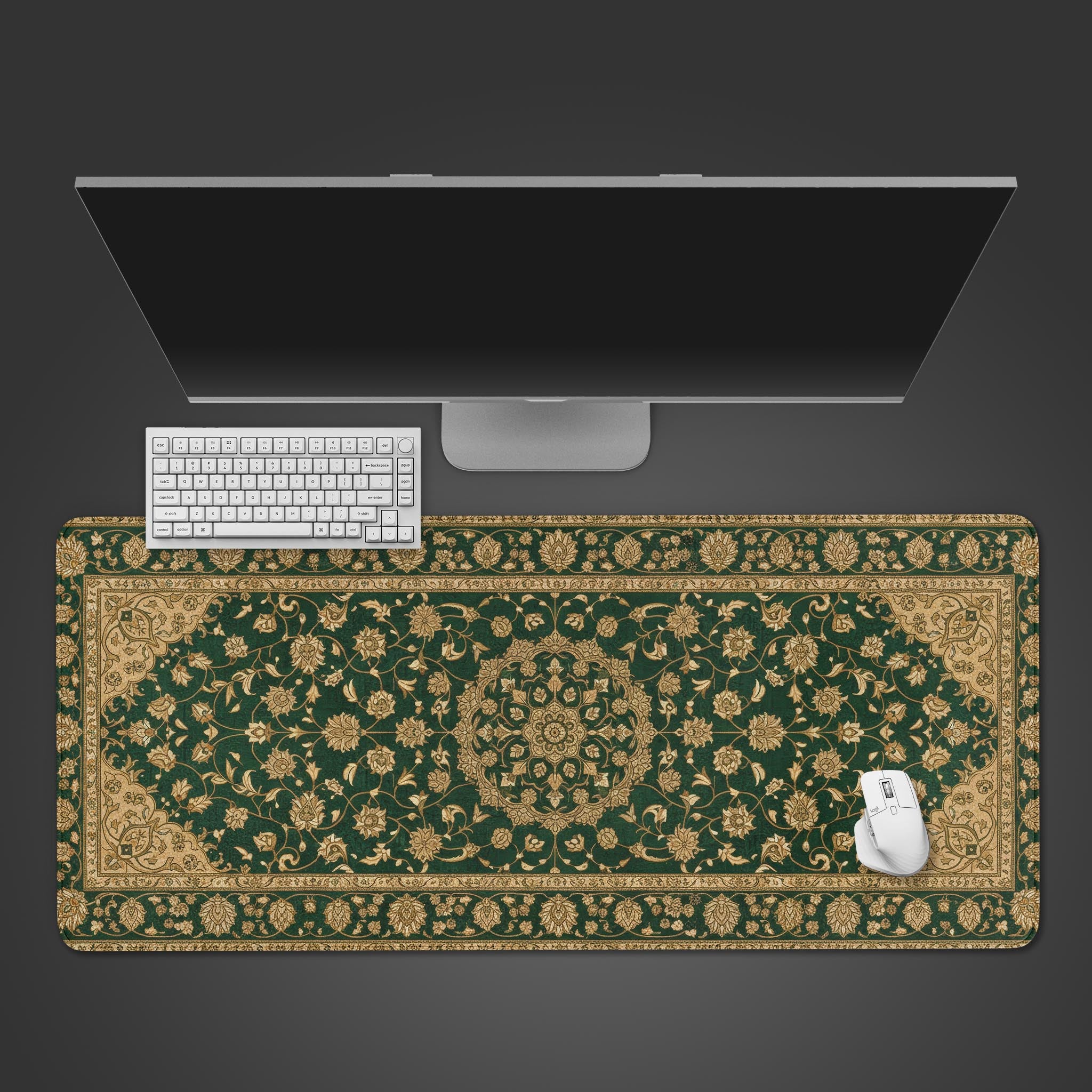 Knight's Vigil gaming desk mat with moonlit knight and rose design, shown on a desk with a keyboard and mouse. - Epic Design Pads