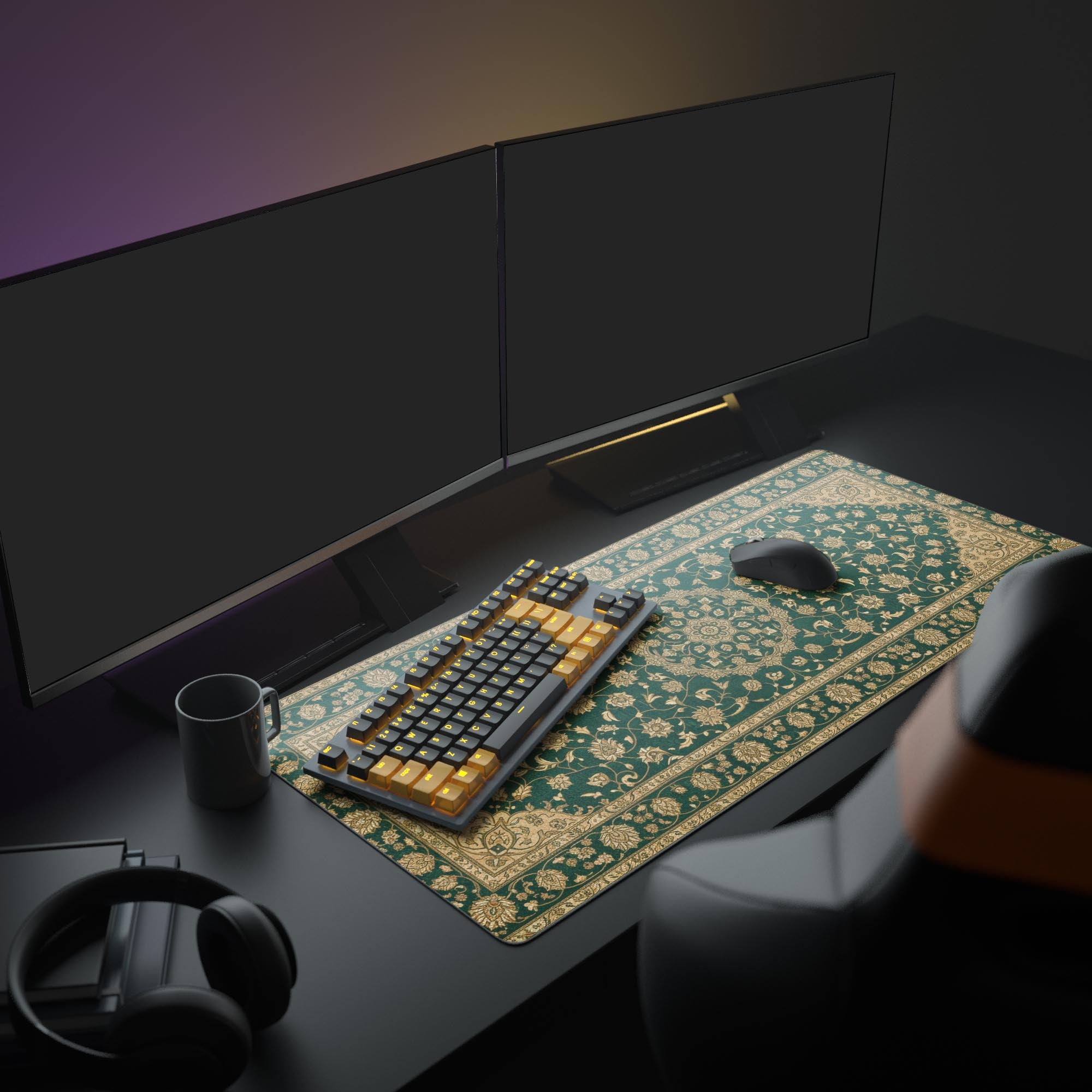 Large Persian rug mouse pad in an elegant office setup with a mechanical keyboard, dual monitors, and desk accessories. - Epic Design Pads