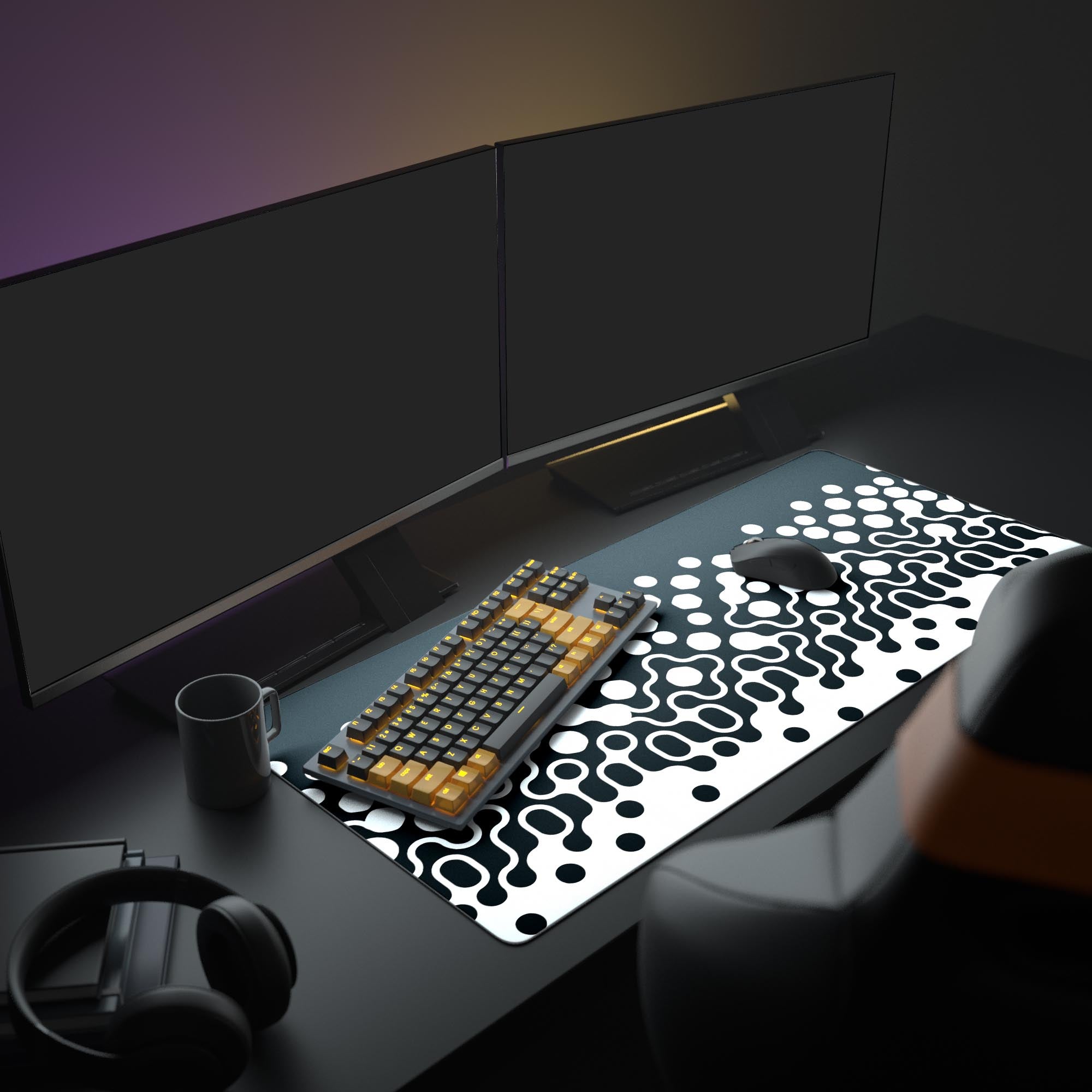 Large Phase Shift gaming desk mat featured in a minimalist setup with dual monitors, a mechanical keyboard, and headphones. - Epic Design Pads & Mousepads