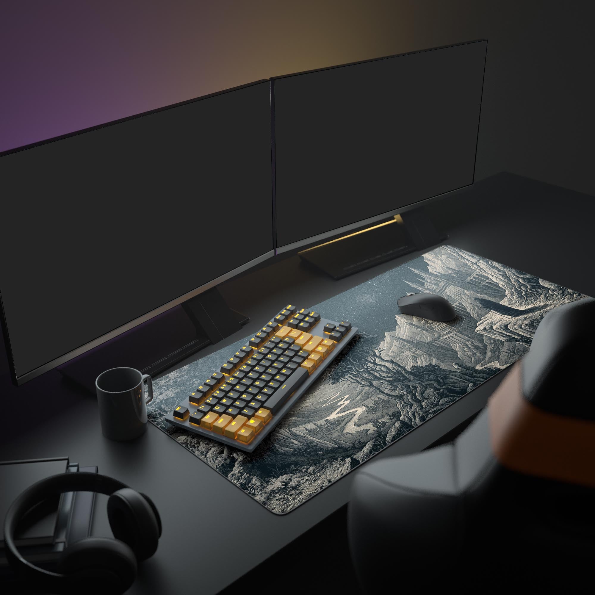 A full PC setup featuring the Pilgrim's Precipice XL Mouse Pad, its dark fantasy etched art creating an immersive atmosphere under a monitor. - Epic Design Pads & Mousepads