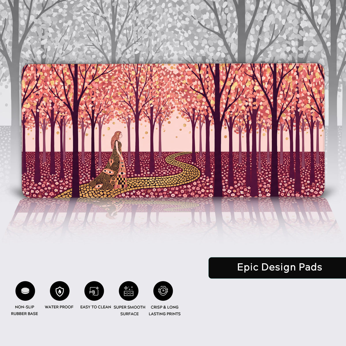 Features panel: full pink orchard desk mat with gold path over a faded grey copy of its art, five feature icons below