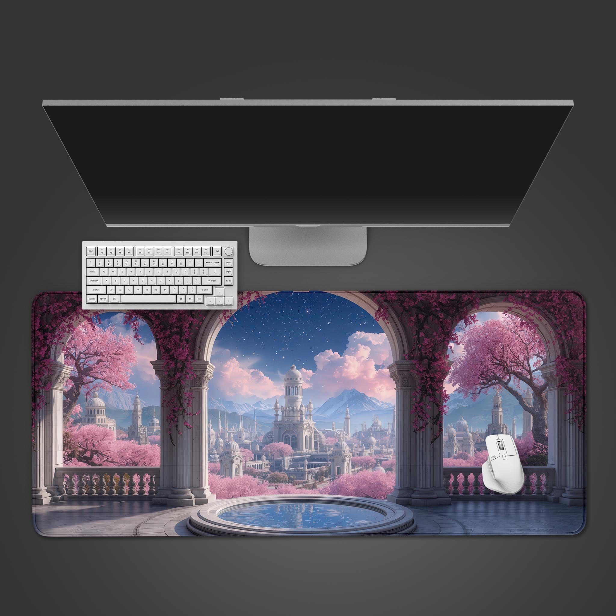 Molten Heart lava desk mat with fiery abstract design, shown in a desktop view with a black keyboard and mouse. - Epic Design Pads & Mousepads