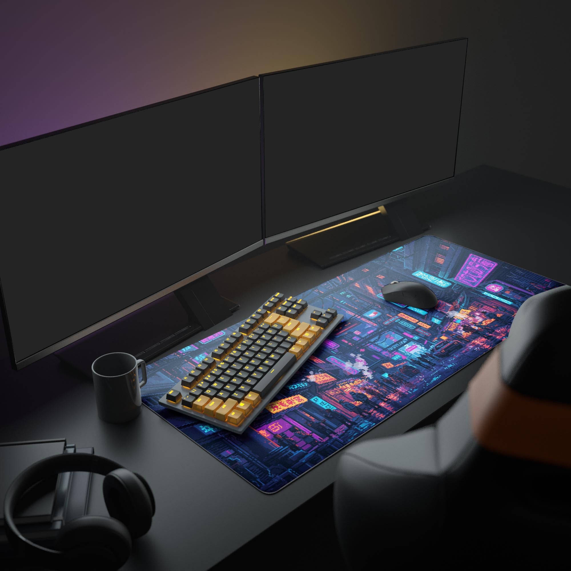 Large Pixel Alley cyberpunk desk mat in a full gaming setup with dual monitors, a mechanical keyboard, and vibrant backlighting. - Epic Design Pads