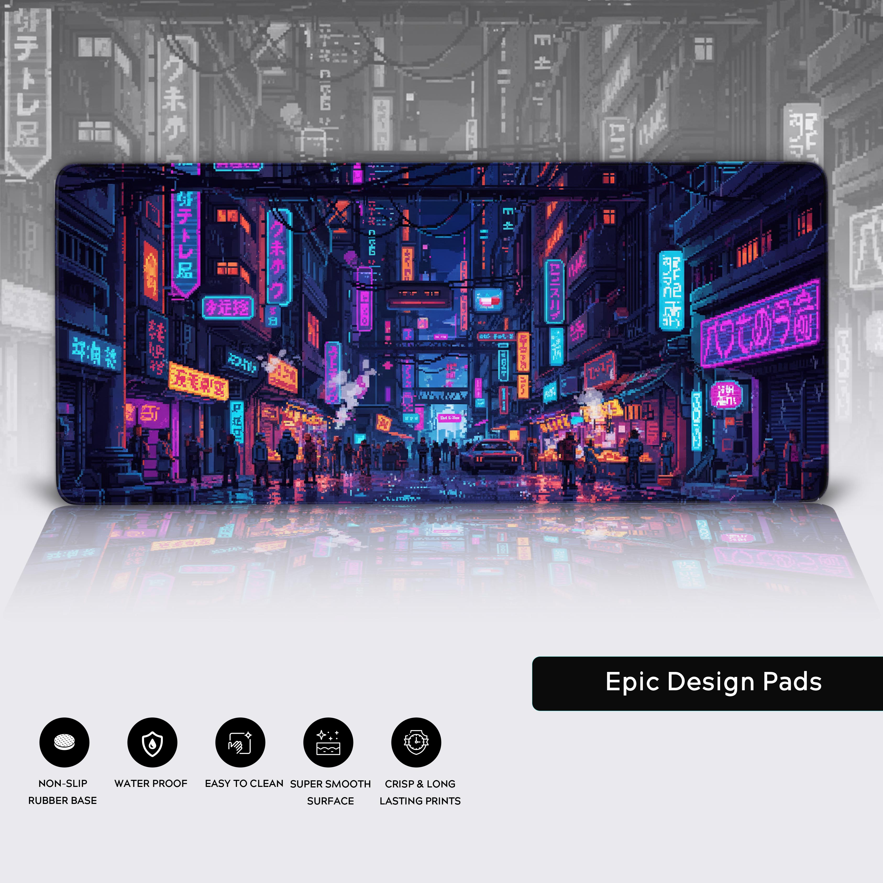 Pixel Alley cyberpunk gaming desk mat showcasing its premium stitched edges, non-slip rubber base, and detailed pixel art surface. - Epic Design Pads