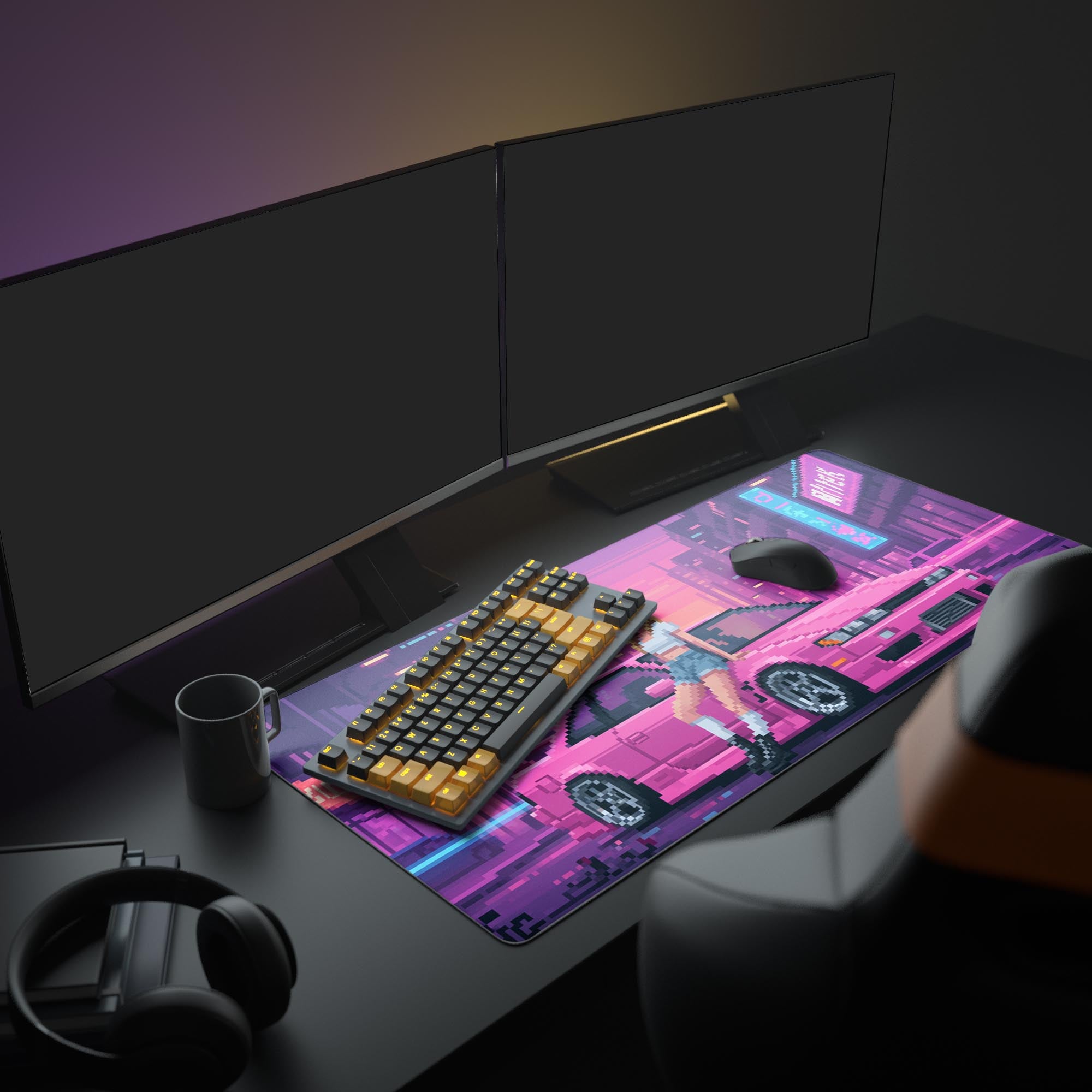 Large Pixel Drift pixel art gaming desk mat shown in a complete synthwave gaming setup with dual monitors and purple neon lighting. - Epic Design Pads