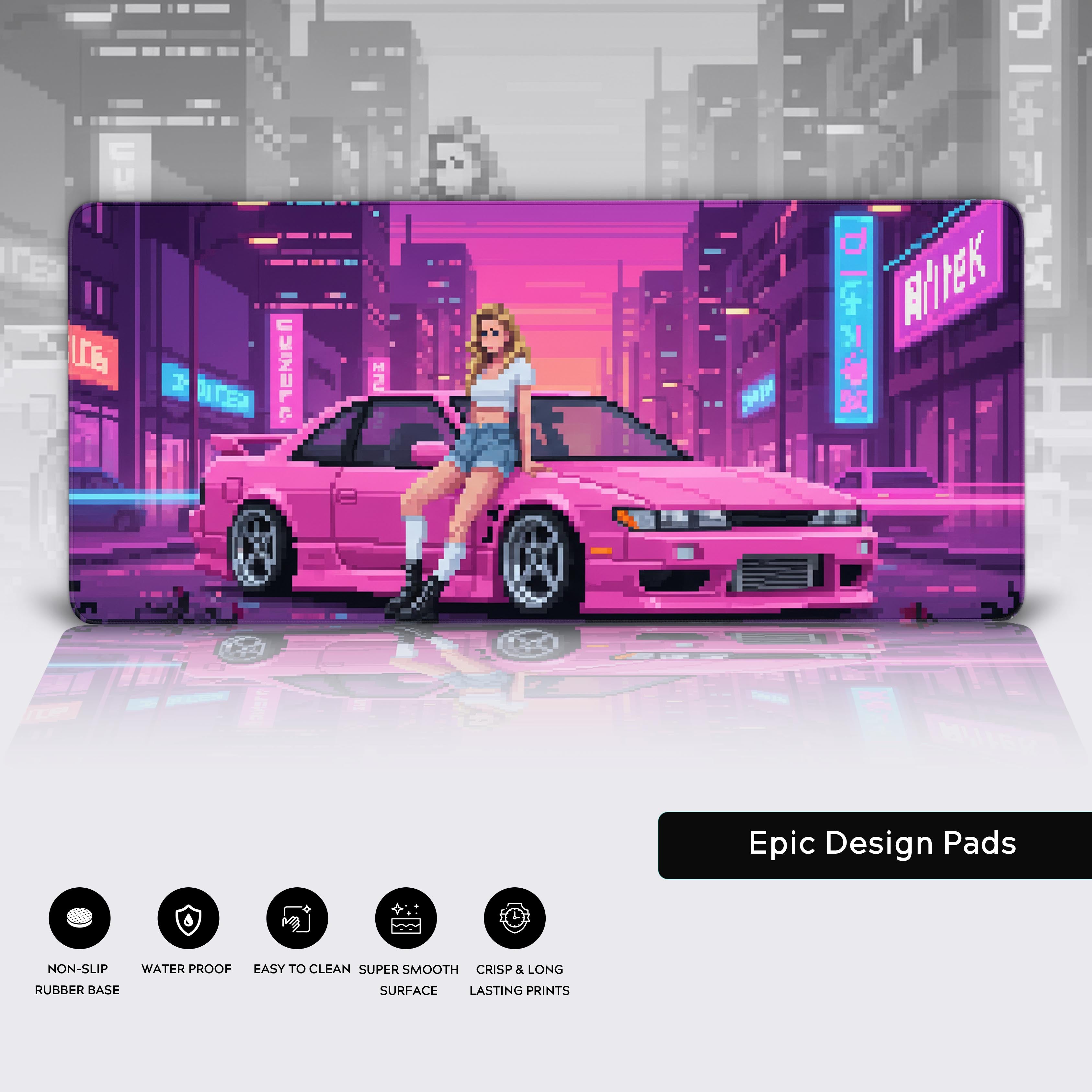 Pixel Drift pixel art desk mat showcasing the smooth water-resistant surface, durable stitched edges, and non-slip rubber base. - Epic Design Pads
