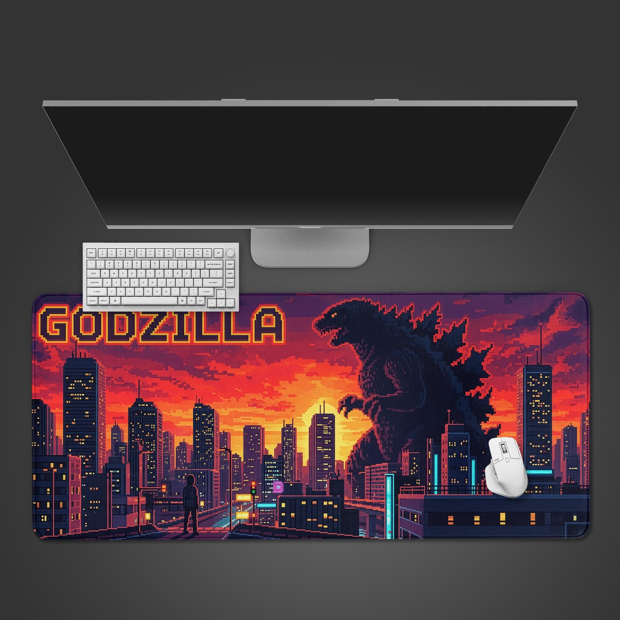 Pixel Godzilla desk mat featuring retro 8-bit cityscape with sunset sky and arcade-style monster design - Epic Design Pads & Mousepads