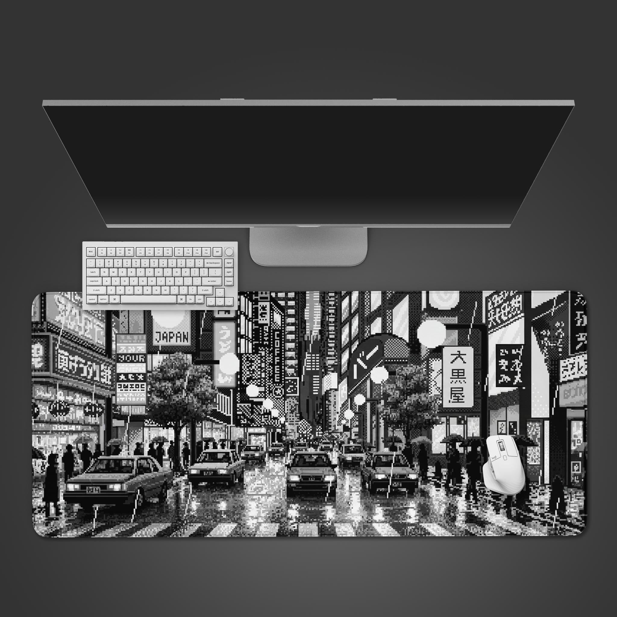 Pixelated Metropolis desk mat with black-and-white pixel art design – top view with keyboard and mouse. - Epic Design Pads