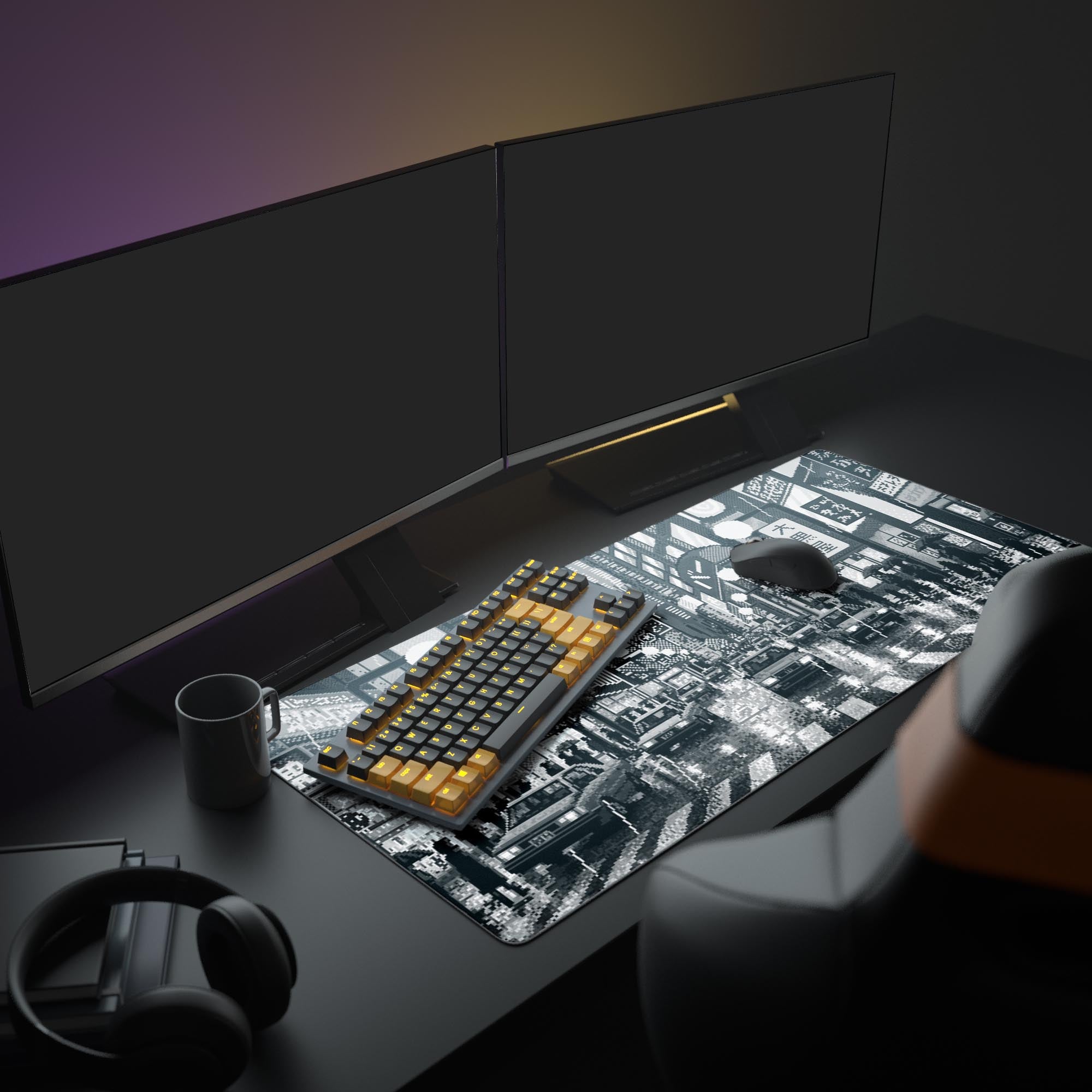 Large Pixelated Metropolis desk mat with urban cityscape design – shown in office setup with dual monitors. - Epic Design Pads
