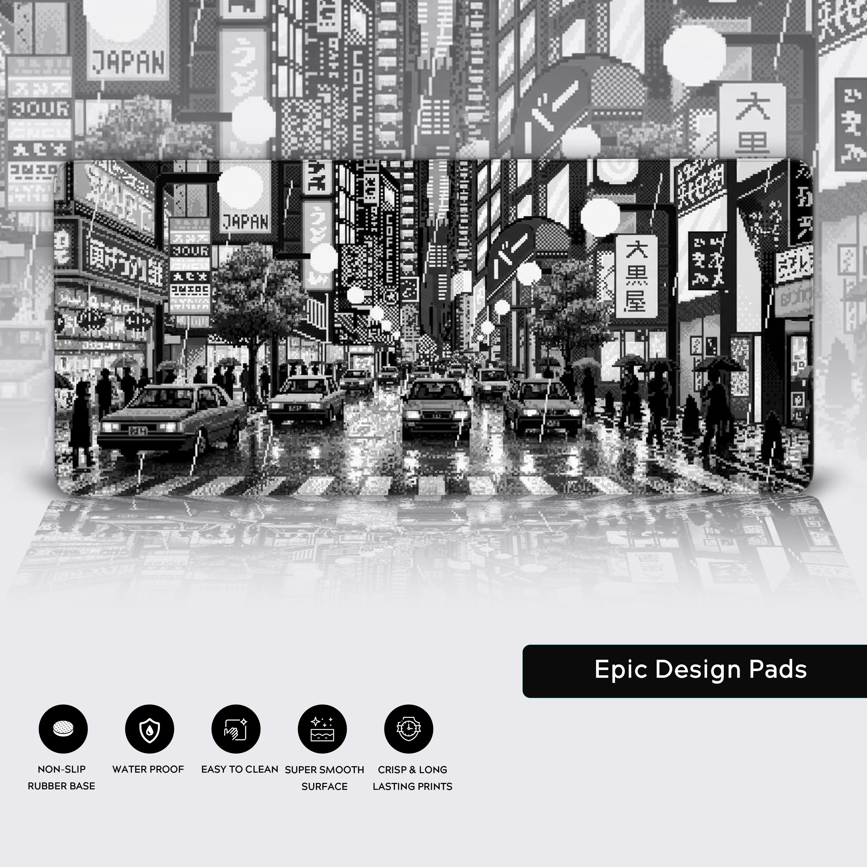 Pixelated Metropolis desk mat with black-and-white pixel art – features non-slip base and durable construction. - Epic Design Pads