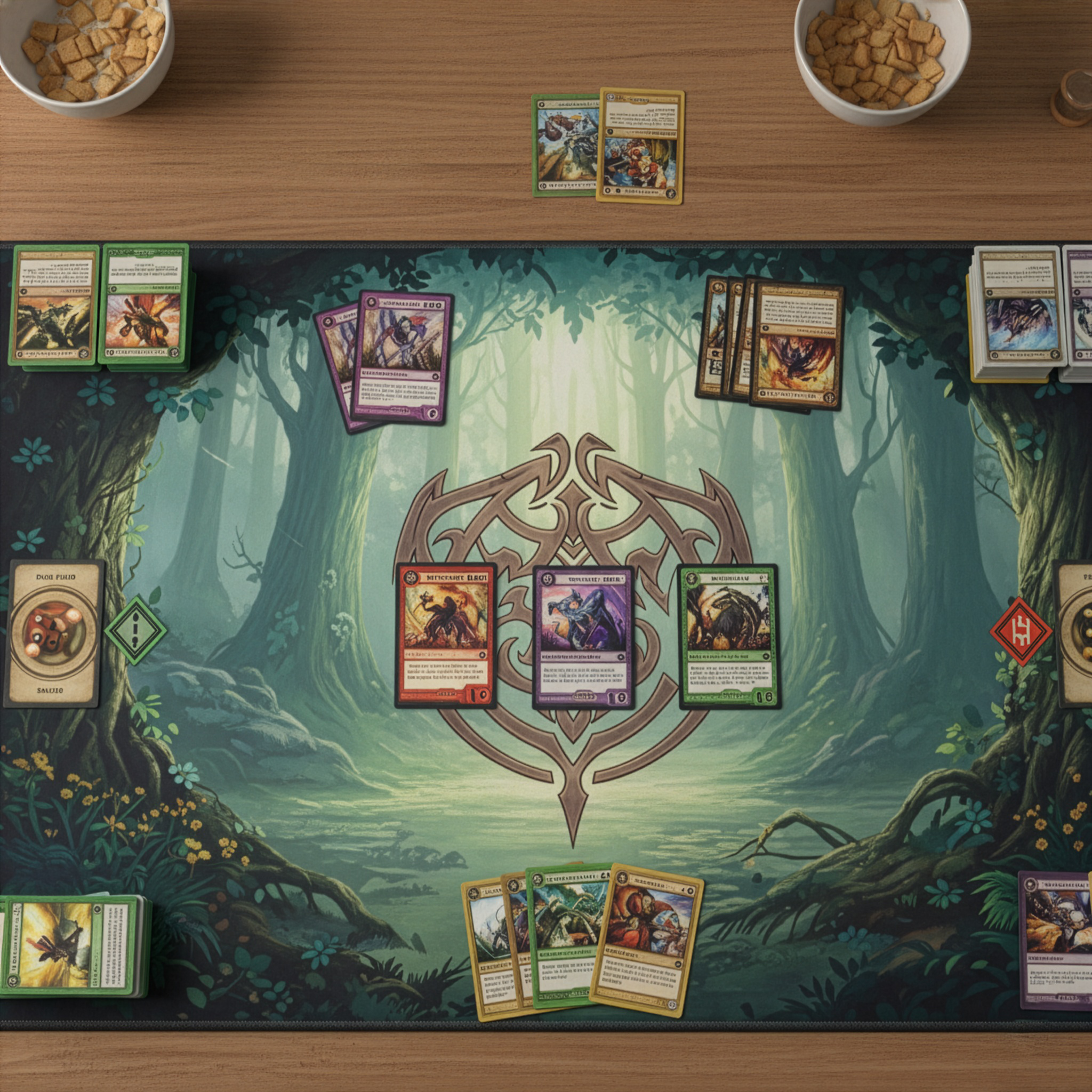 Large custom playmat being used for Magic: The Gathering game showing ample space for deck and graveyard.