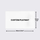 White rectangular custom playmat with dimensions on a light gray background