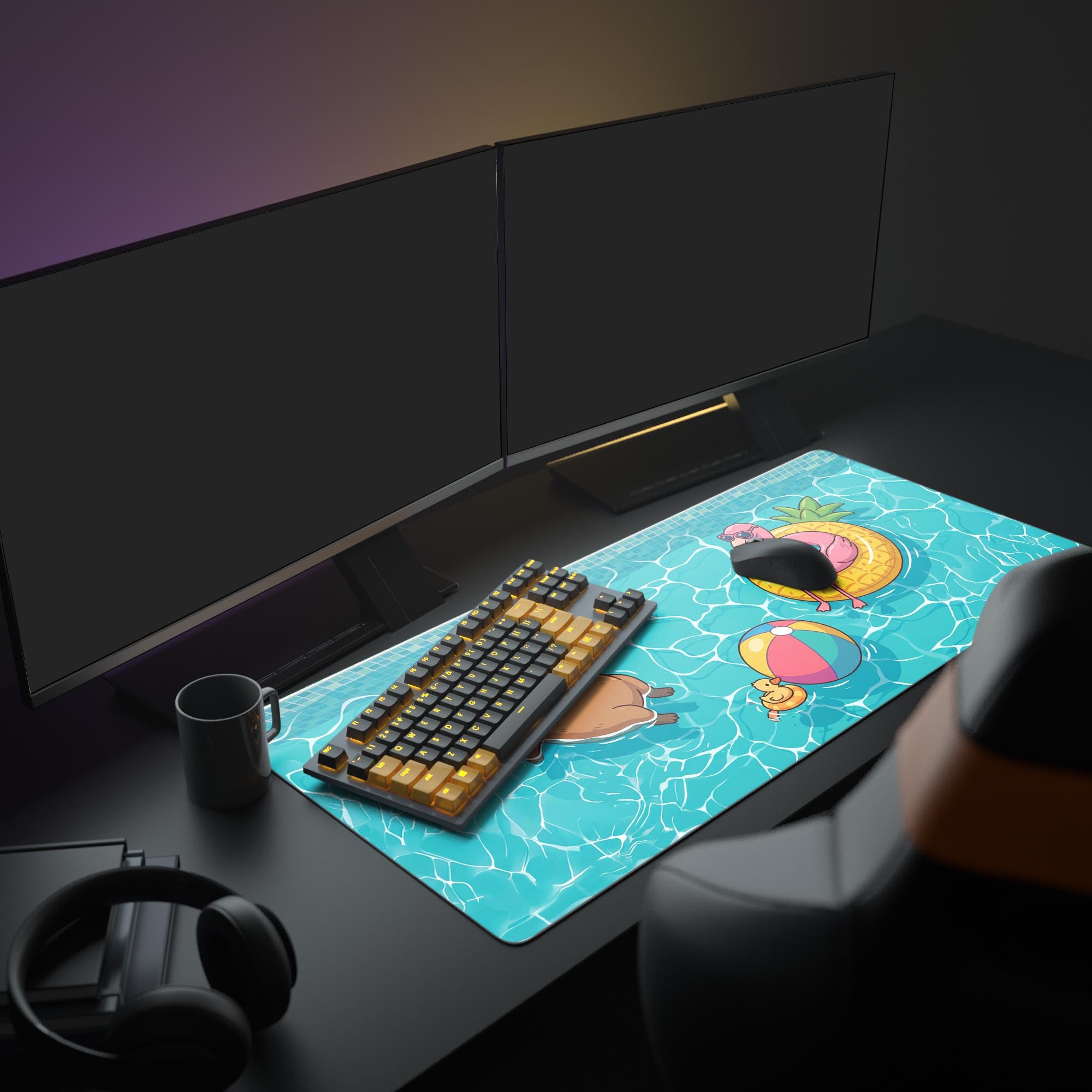 A complete computer setup featuring the Poolside Chill capybara mouse pad, creating a fun and relaxing aesthetic with a monitor and keyboard. - Epic Design Pads & Mousepads