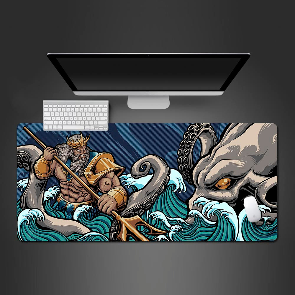 Poseidon Greek God of War Desk Mat, Poseidon gaming large mouse pad, Poseidon God of war Large mouse pad, Kraken vs Poseidon keyboard and mouse mat