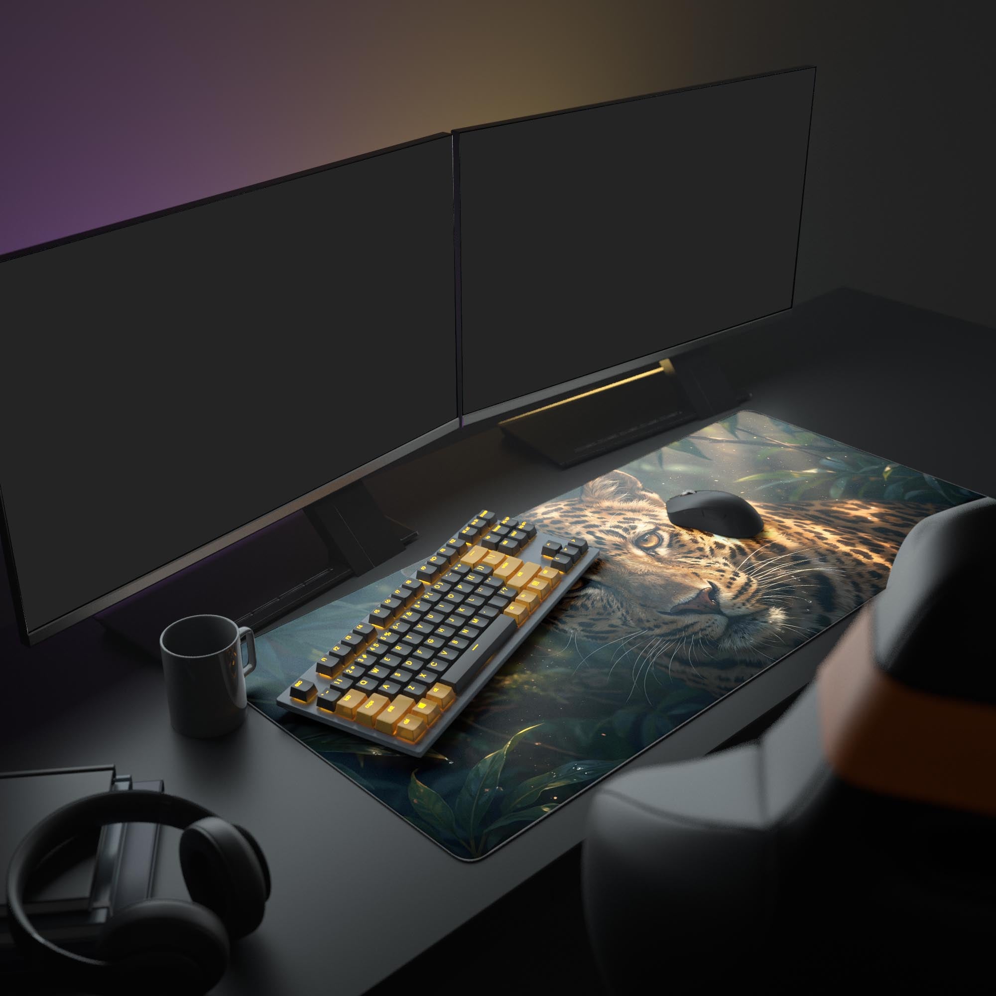 A full computer setup featuring the Primal Ambush Spirit leopard mouse pad, creating a powerful, nature-inspired aesthetic for any workspace or gaming station. - Epic Design Pads & Mousepads