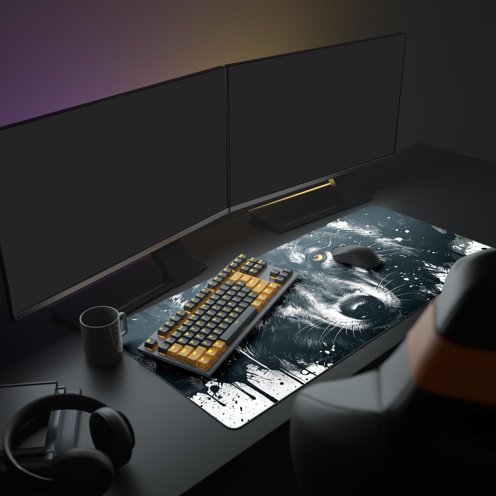 A modern PC setup featuring the Primal Gaze wolf mouse pad, creating an intense aesthetic with a gaming keyboard, mouse, and monitor. - Epic Design Pads & Mousepads