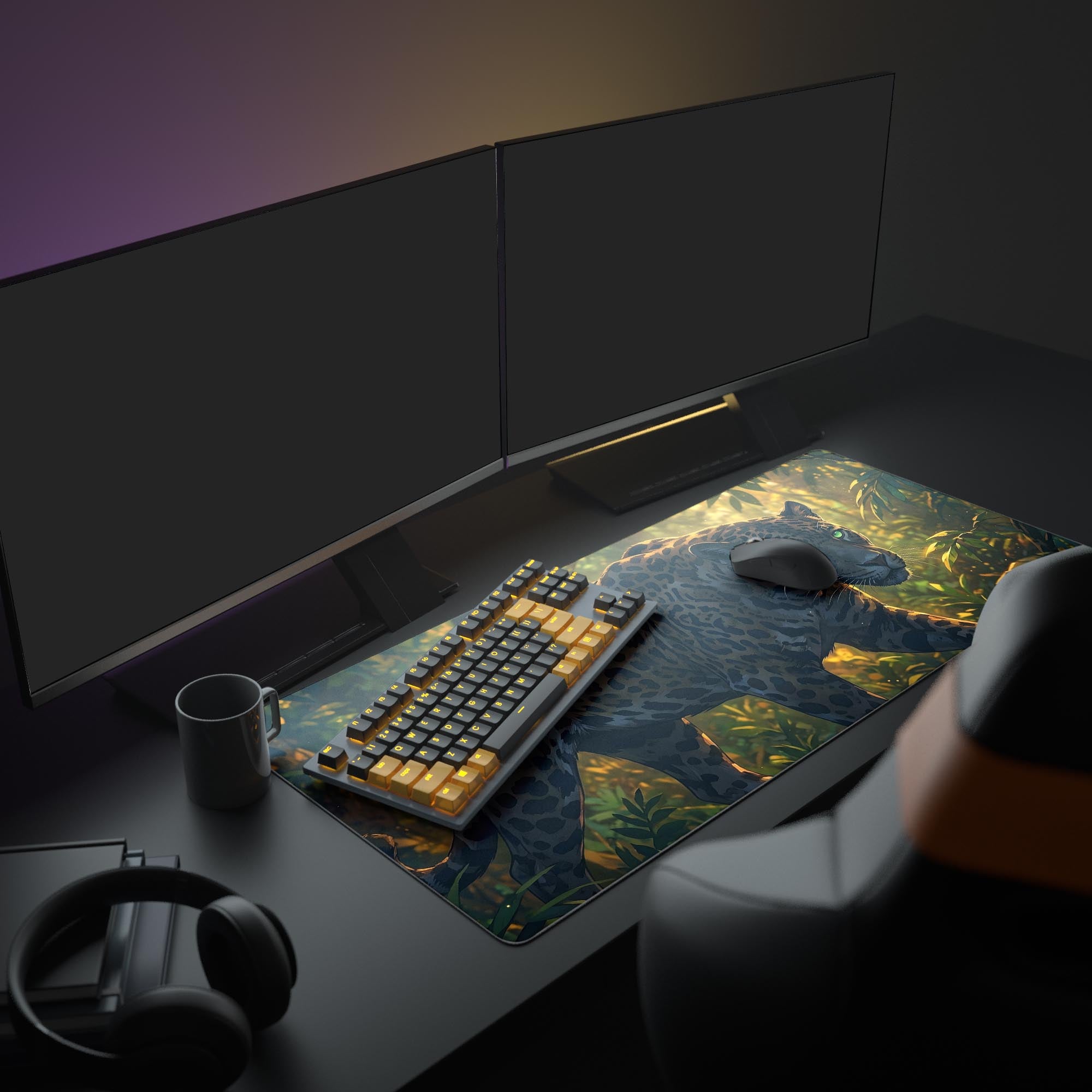 Large gaming desk mat featuring a prowling jaguar in a jungle, part of a gaming setup with dual monitors and headphones. - Epic Design Pads & Mousepads