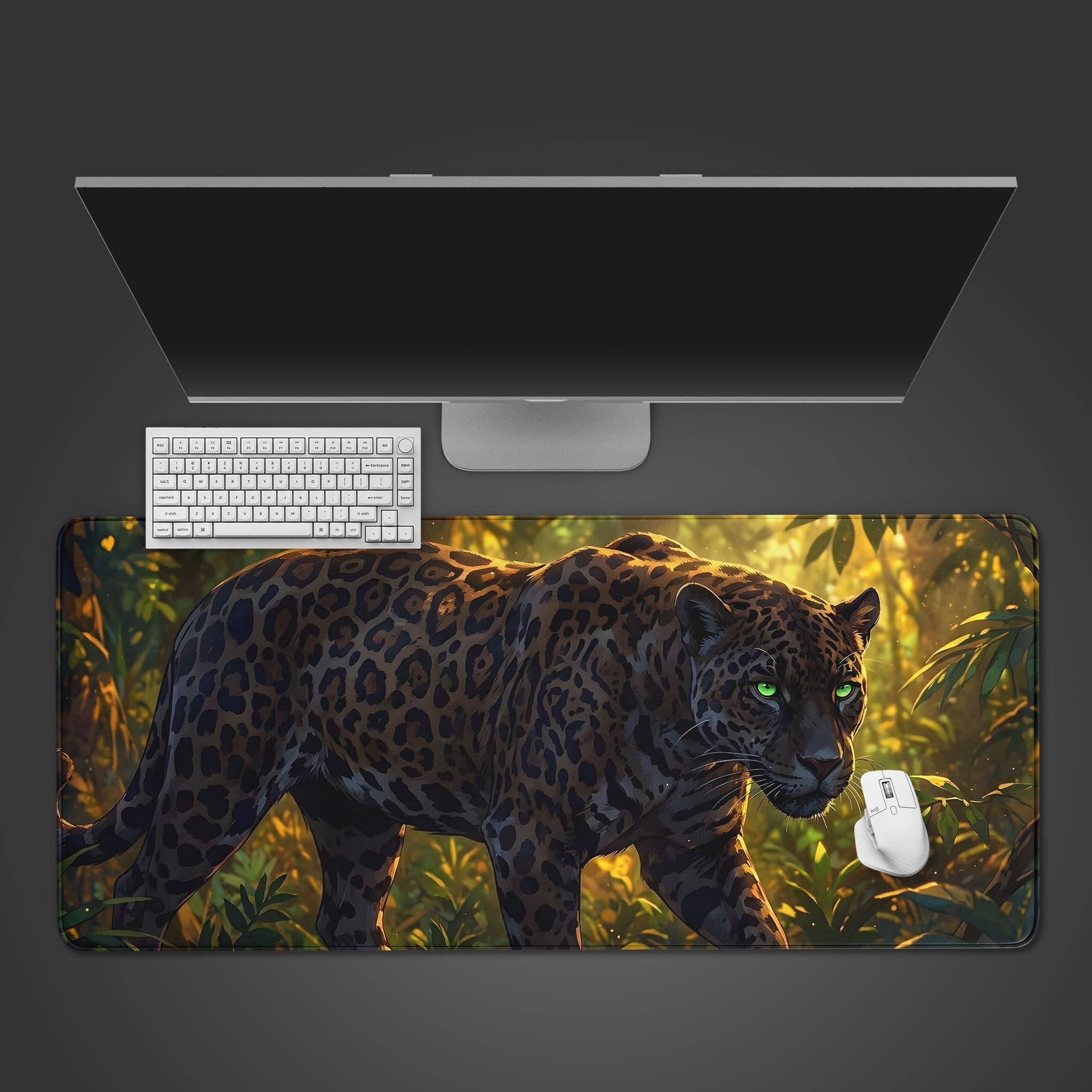 Prowling jaguar desk mat with a vibrant rainforest design, shown from a top-down view with a black keyboard and mouse. - Epic Design Pads & Mousepads