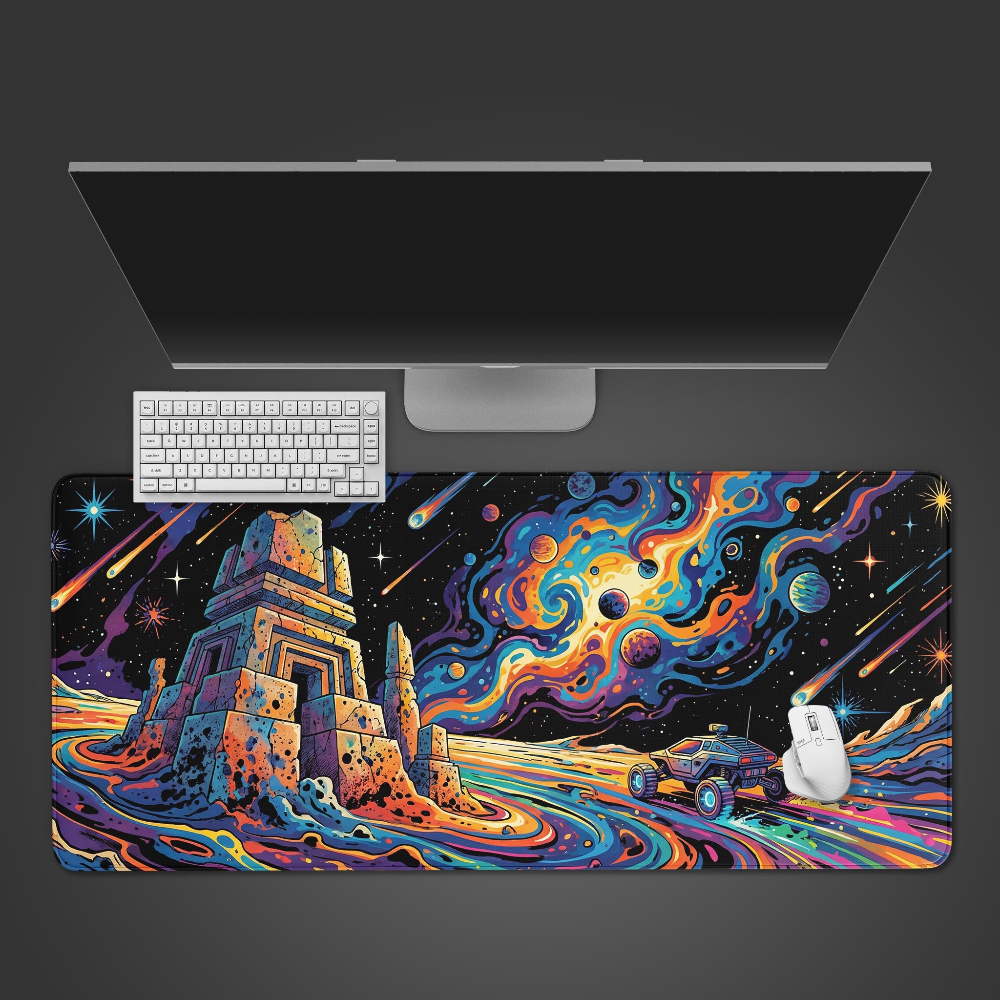The Psychedelic Frontier gaming desk mat shown from a top-down view with a white keyboard and mouse, showcasing its vibrant sci-fi space and ancient temple design. - Epic Design Pads & Mousepads