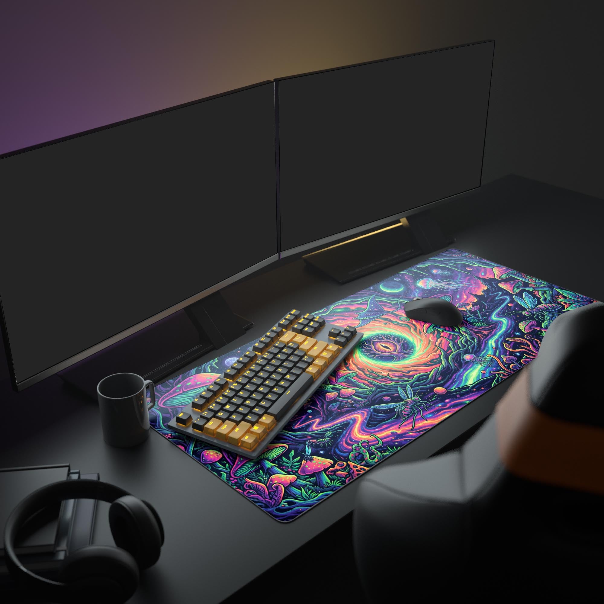 The colorful Psychedelic Realm XL mouse pad displayed in a full gaming setup, creating a vibrant, surreal aesthetic with a large monitor and peripherals. - Epic Design Pads & Mousepads