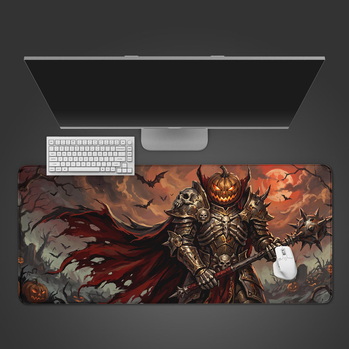 A dark fantasy desk mat featuring a skeletal knight in heavy armor with a glowing pumpkin head standing in a haunted graveyard.