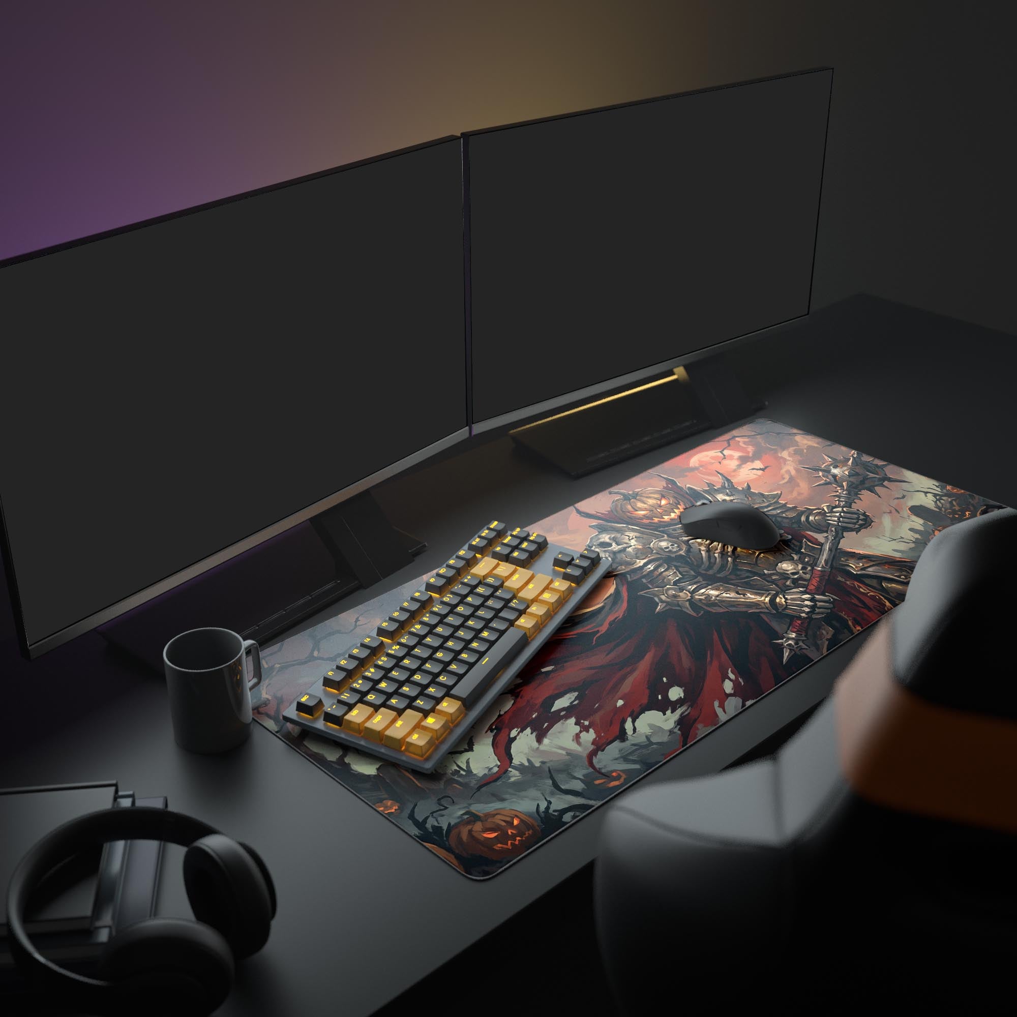 Close-up of the glowing jack-o'-lantern face and spiked skull armor of the pumpkin knight artwork on the desk pad.