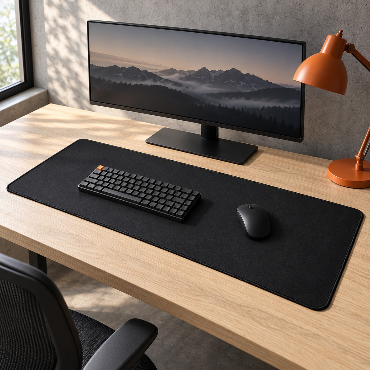 Pure Black Desk Pad on a light oak desk in daylight, with an ultrawide monitor and an orange desk lamp