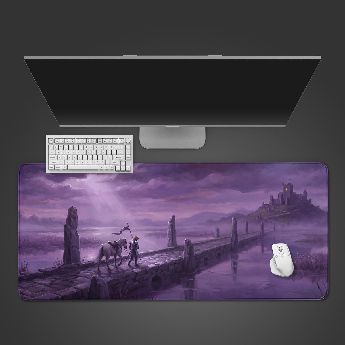 Purple knight fantasy desk mat seen from above with a monitor, white keyboard and mouse: knight, white horse, castle