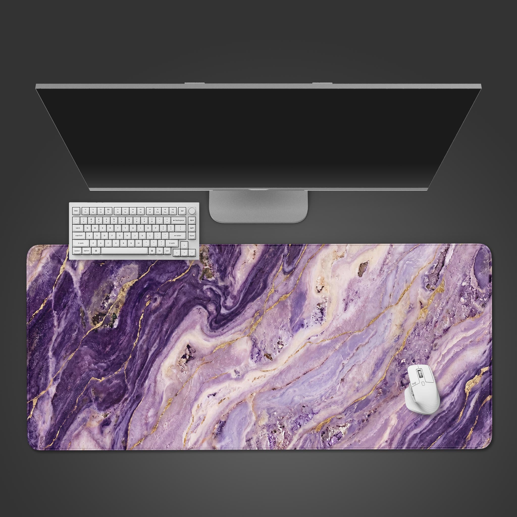 Luxurious purple and gold marble desk mat showcasing an amethyst geode design.