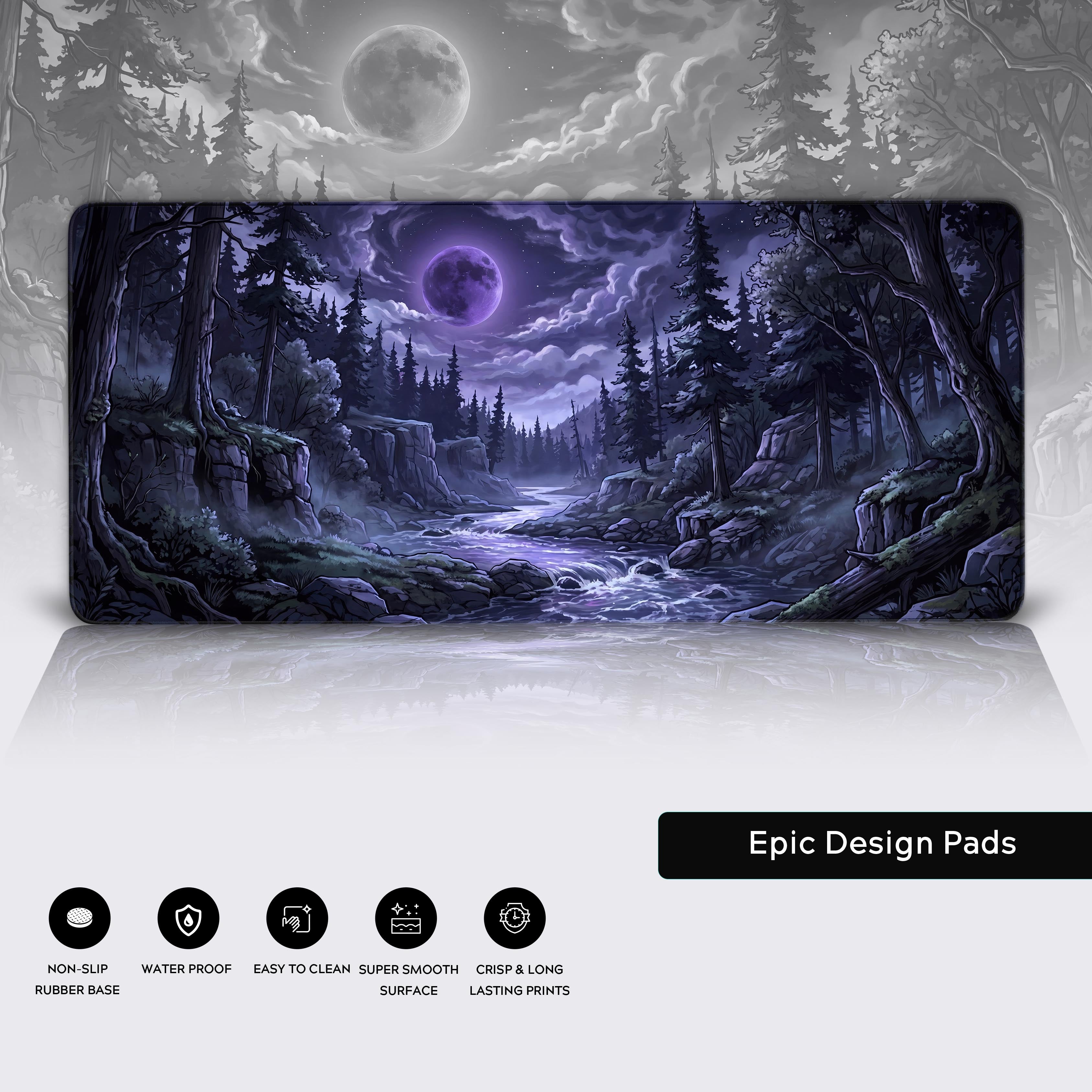 Feature icons showing the desk pad has a non-slip rubber base, is water proof, easy to clean, has a super smooth surface, and features crisp long-lasting prints