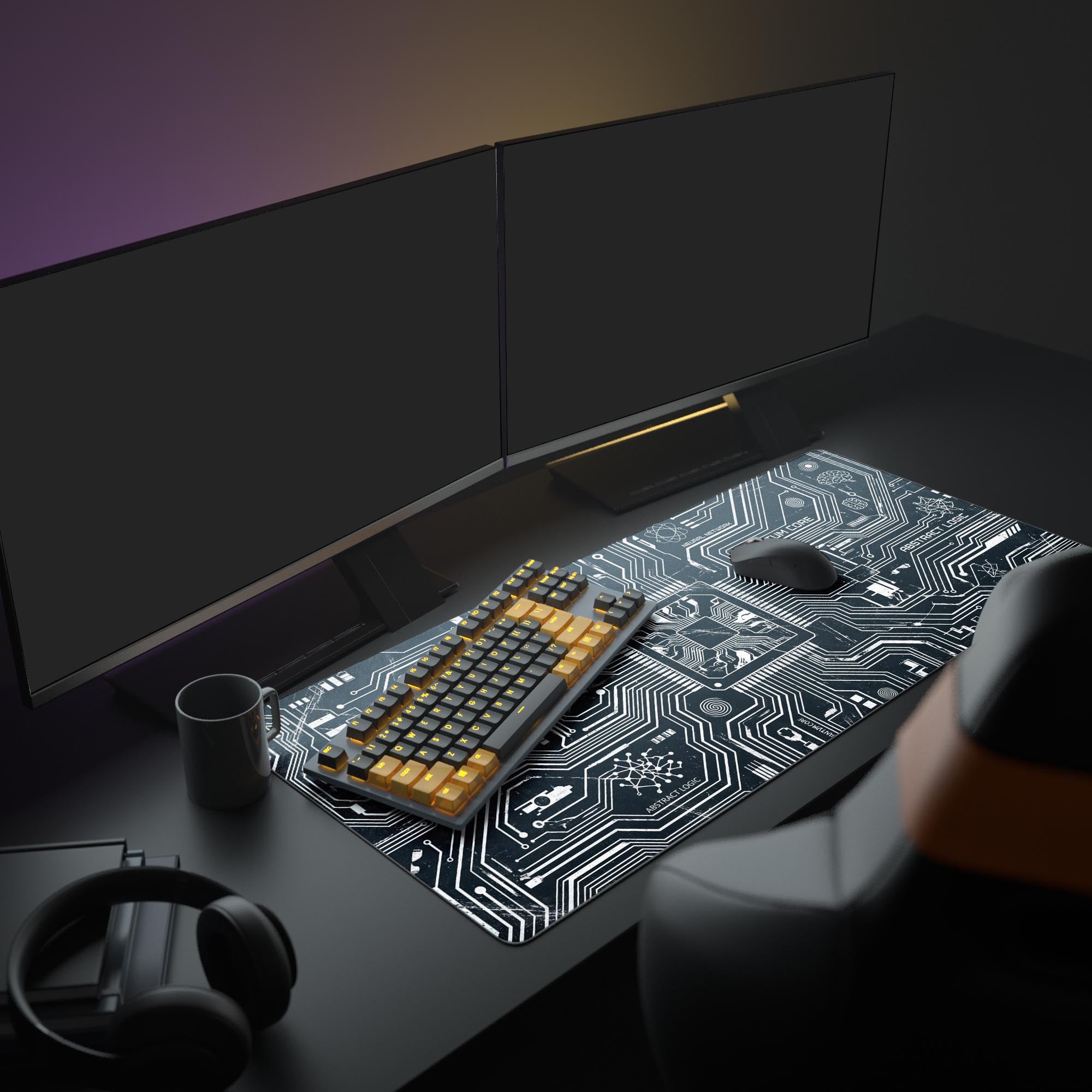 Large Quantum Core desk mat in a programmer's desk setup with dual monitors, a mechanical keyboard, and headphones, showcasing its cyberpunk aesthetic. - Epic Design Pads & Mousepads
