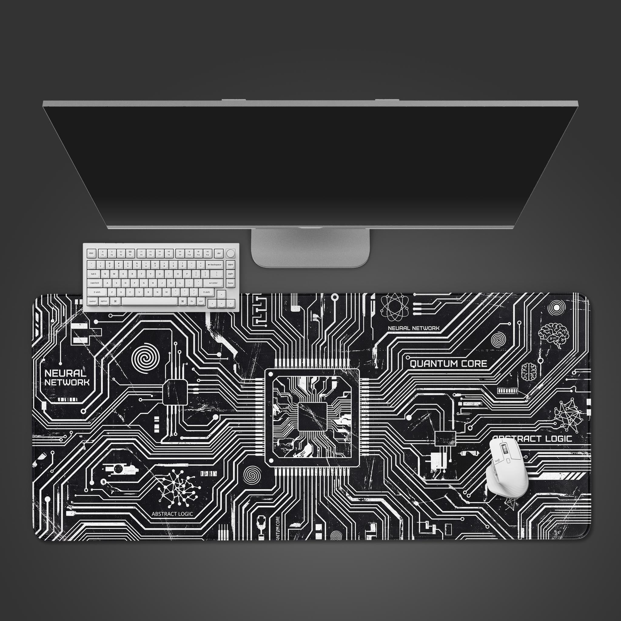 Quantum Core cyberpunk desk mat with a neural network design. Top-down view on a desk with a mechanical keyboard and gaming mouse. - Epic Design Pads & Mousepads