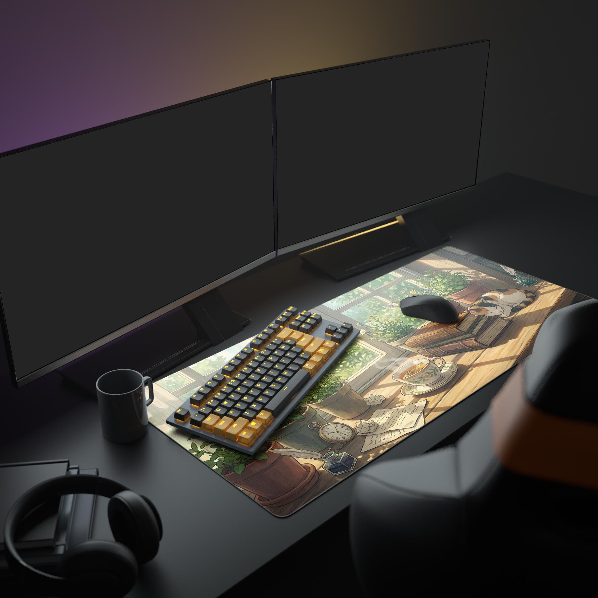 The Quiet Afternoon XL mouse pad creating a cozy, Light Academia aesthetic in a full PC setup with a large monitor and peripherals. - Epic Design Pads & Mousepads