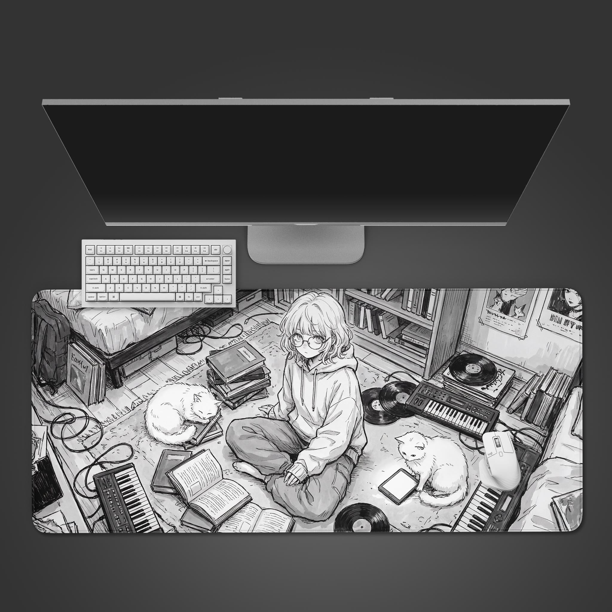 The 'Quiet Composition' gaming desk mat shown from a top-down view with a white keyboard and monitor, highlighting the monochrome anime girl and cats design. - Epic Design Pads & Mousepads