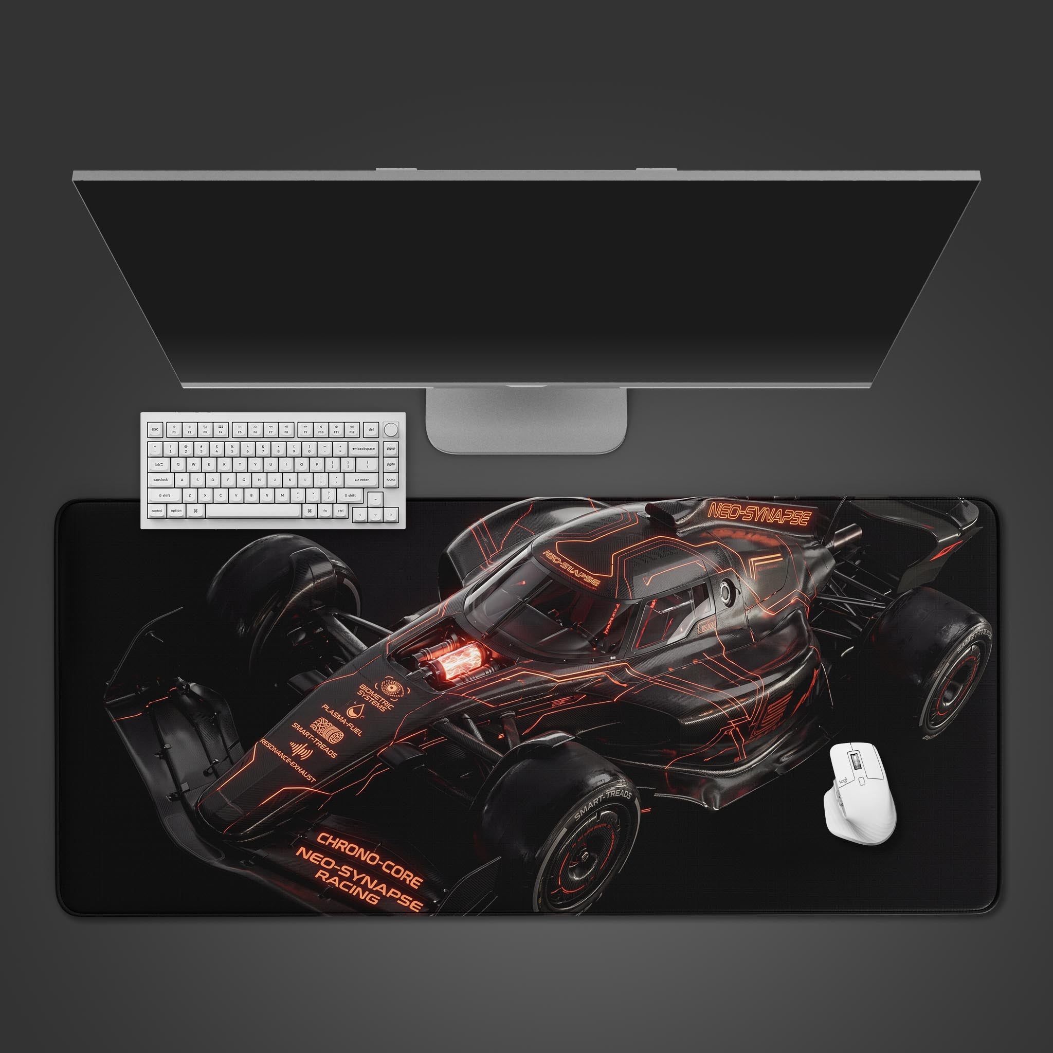 Futuristic black and neon orange cyber race car desk mat design