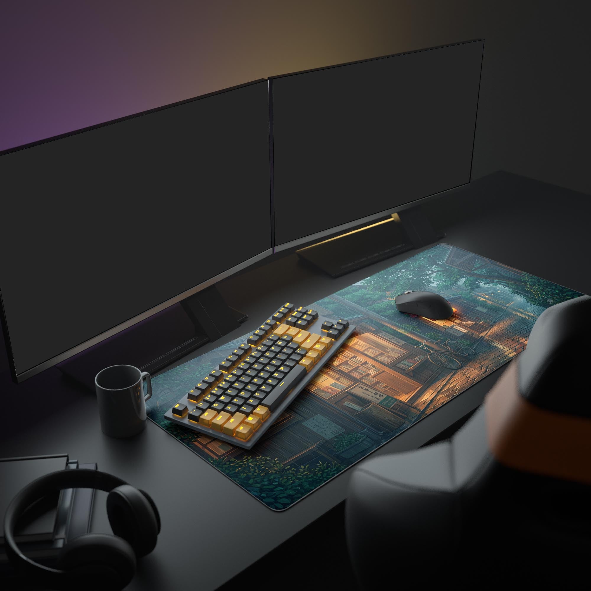 Large Rainy Bookstore desk mat shown in a cozy desk setup with a monitor, lamp, and books, enhancing the lo-fi aesthetic. - Epic Design Pads & Mousepads