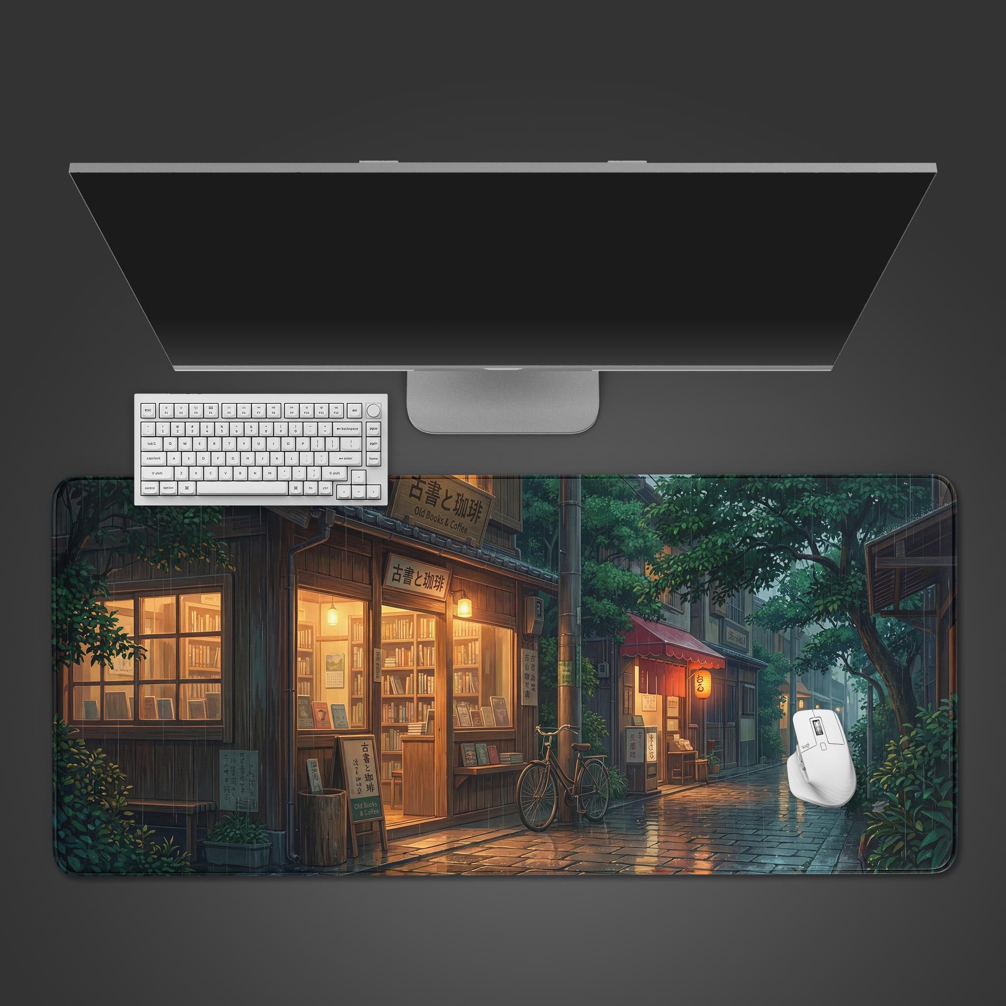 Rainy Bookstore desk mat with a cozy Japanese street design. Top-down desktop view with a keyboard and mouse, creating a peaceful workspace. - Epic Design Pads & Mousepads