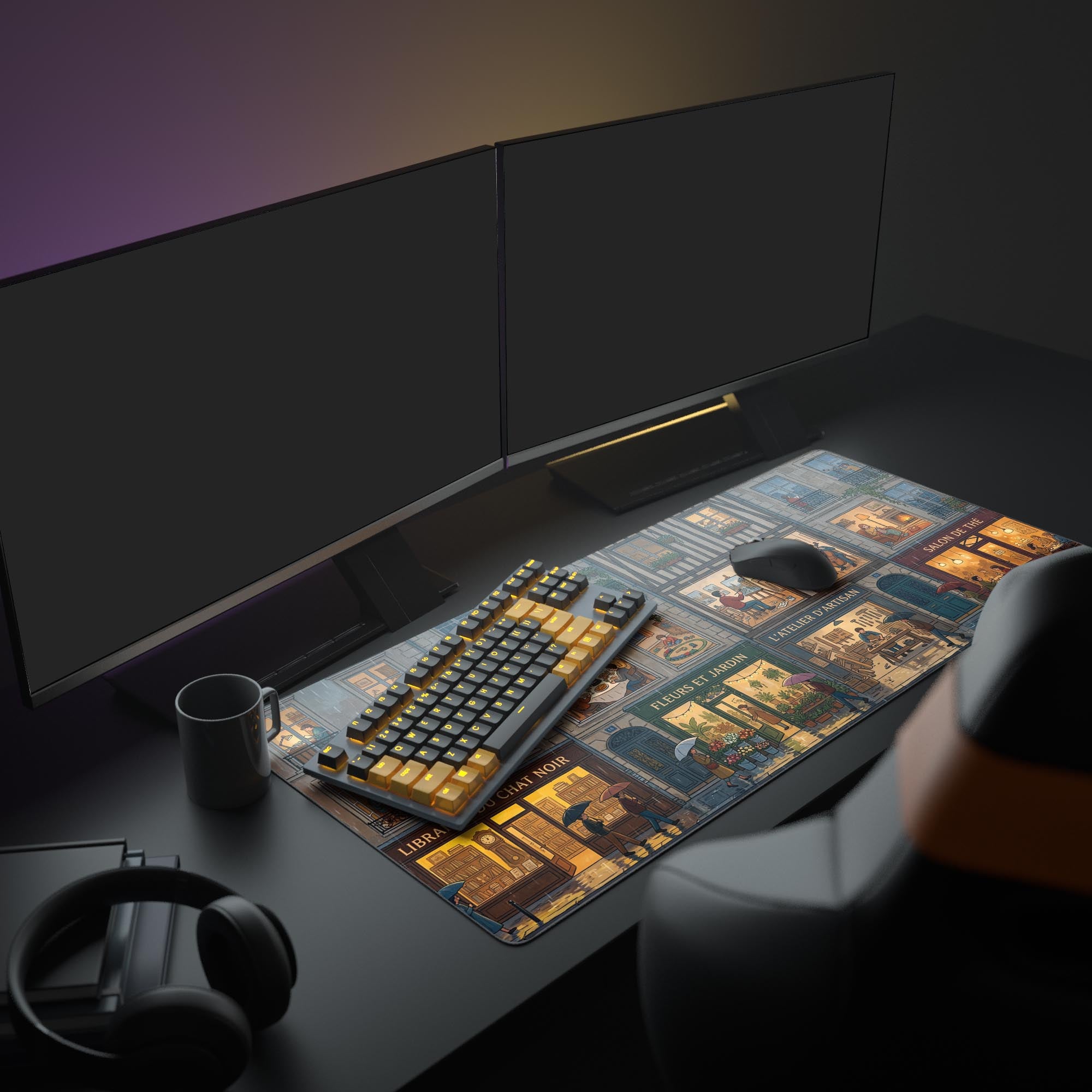 A full PC setup featuring the Rainy Street Facade XL mouse pad, creating a cozy aesthetic with multiple monitors, an illuminated keyboard, and ambient lighting. - Epic Design Pads & Mousepads