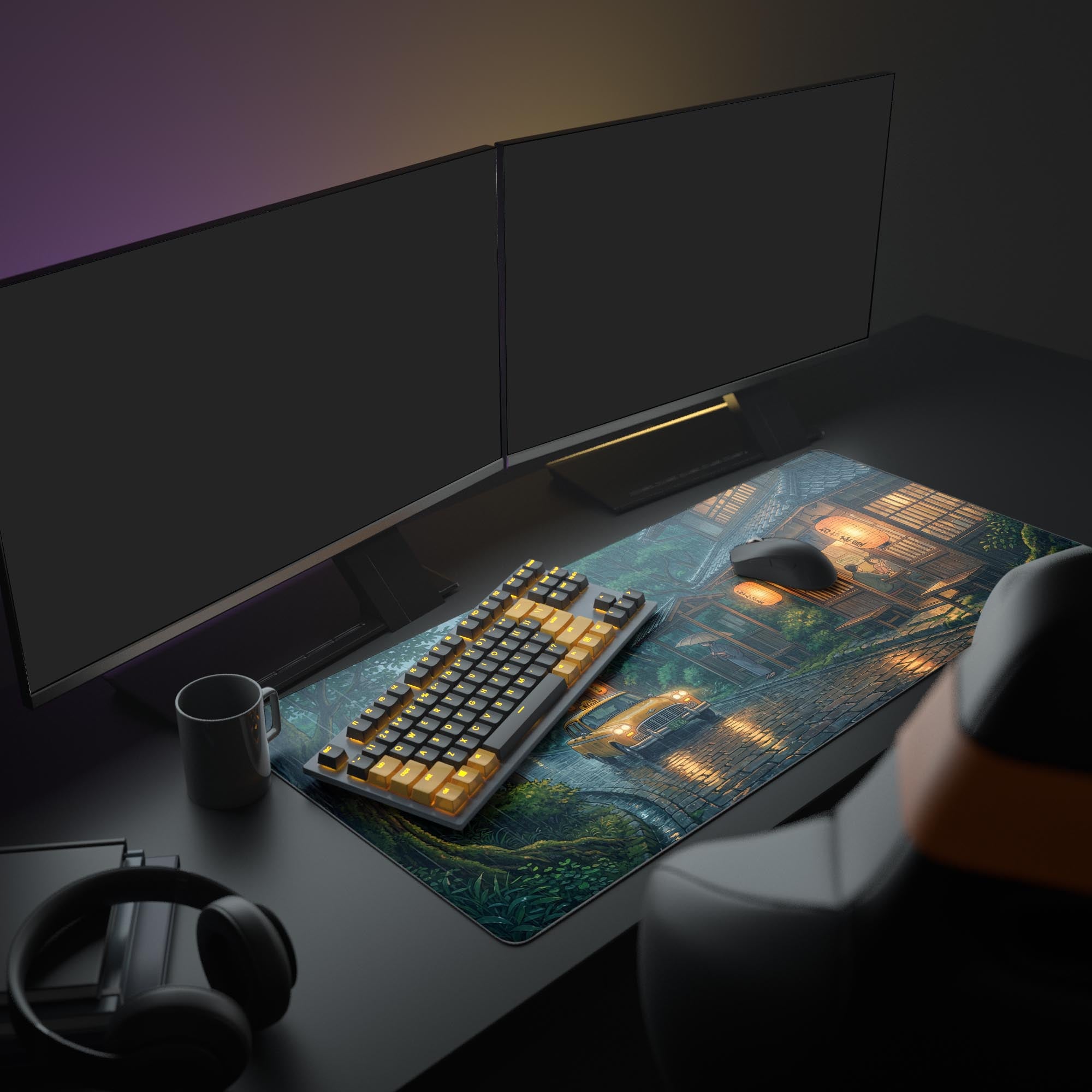 The Rainy Taxi XL mouse pad elevating a cozy gaming setup, with illuminated peripherals and a warm, atmospheric glow. - Epic Design Pads & Mousepads