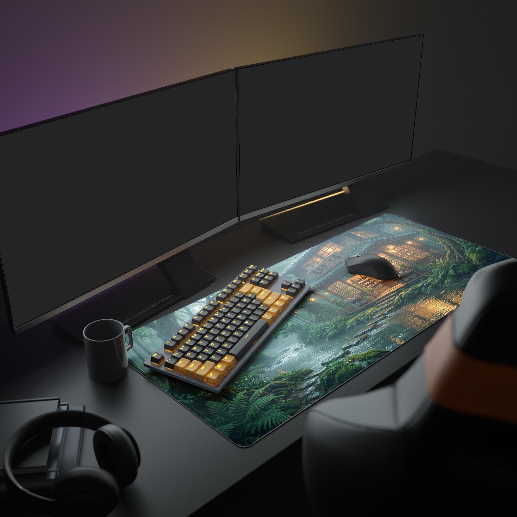 A cozy PC setup featuring the Rainy Tea House XL mouse pad, with its glowing lanterns illuminating a dual monitor and mechanical keyboard. - Epic Design Pads & Mousepads