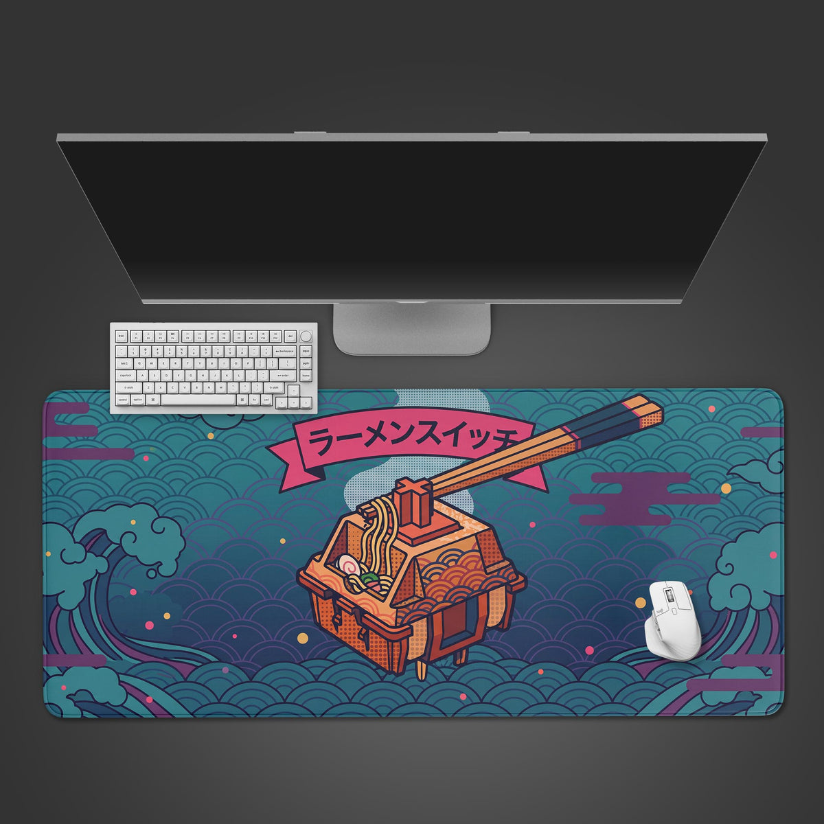 Desk mat displaying a mechanical keyboard switch transformed into a ramen bowl with chopsticks.