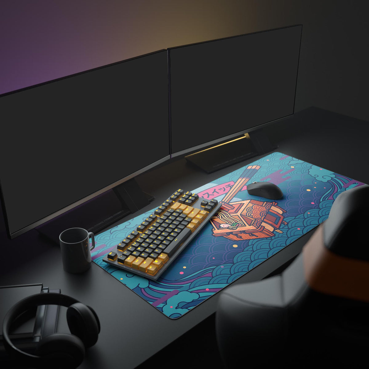 Detailed view of the ramen noodles, fish cake, and keyboard switch stem in the artwork.
