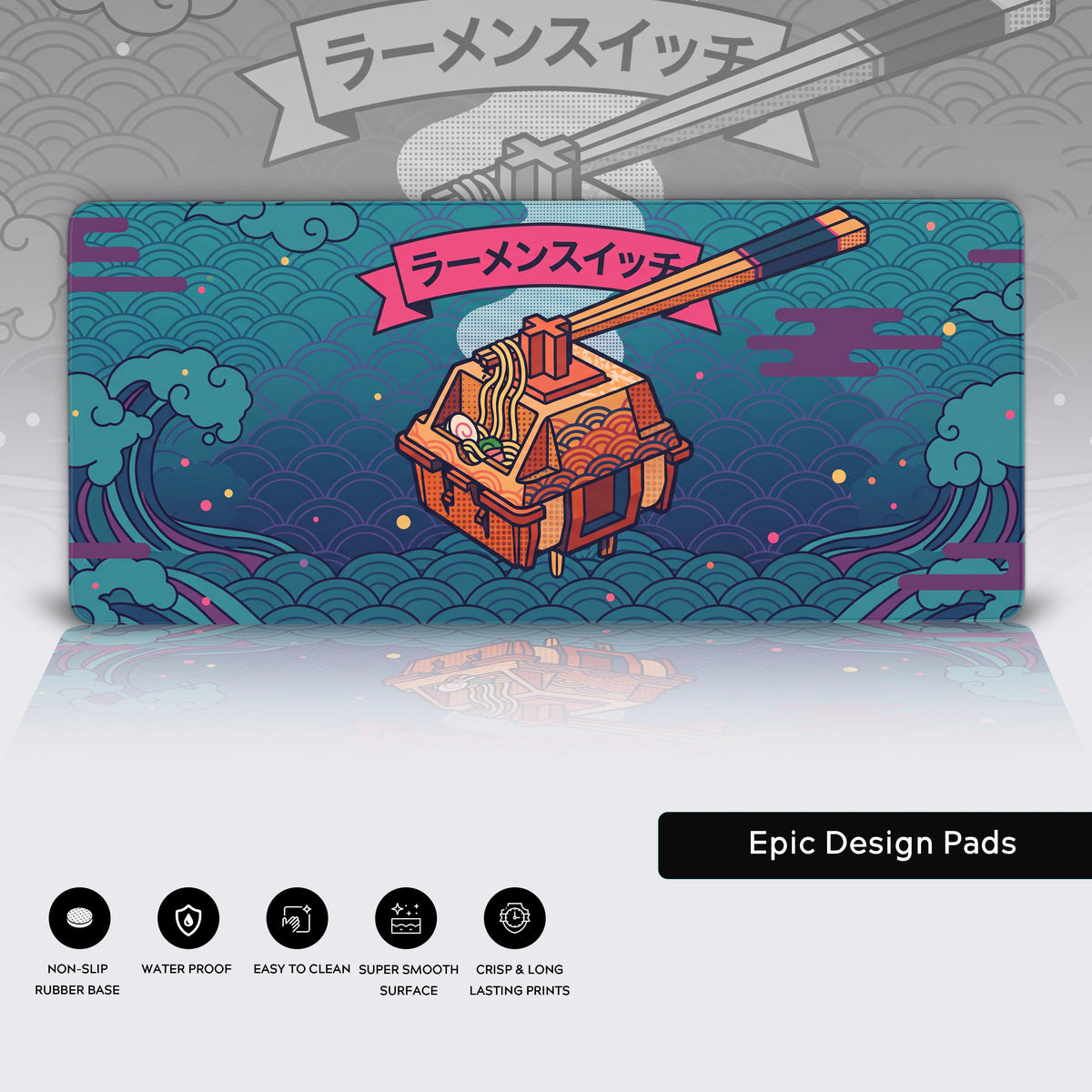Full view of the Ramen Switch desk mat featuring vibrant orange and blue contrasting colors.